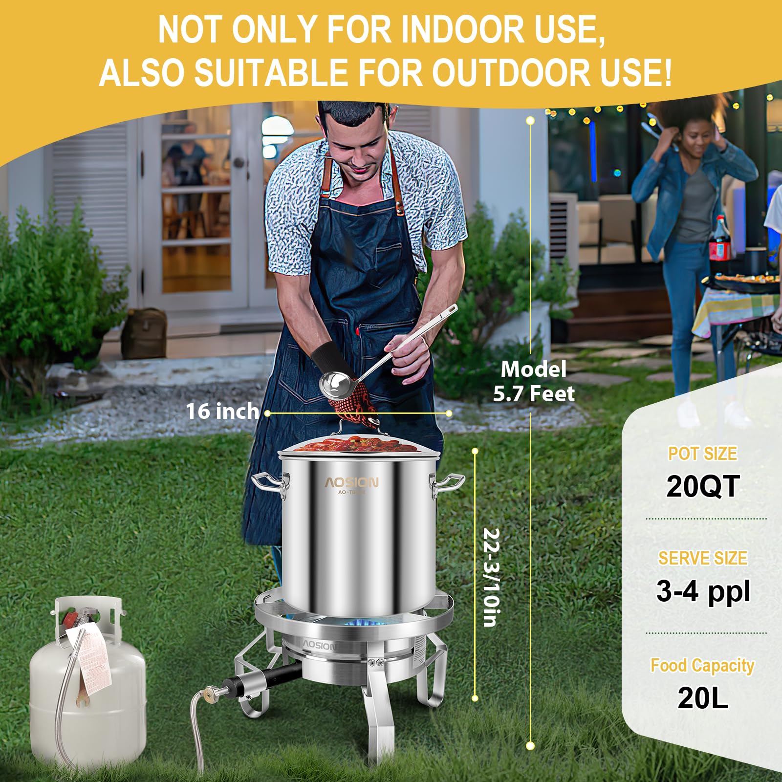 AOSION 20QT Stainless Steel Steamer Pot with 200,000 BTU Heavy Duty Propane Burner - Outdoor Cooking Fryer for Seafood, Crab, Vegetables & Tamales | Includes Steamer Rack, Canning Jar Lifter & Soup Ladle | Perfect for Backyard BBQs, Camping & Large Gatherings
