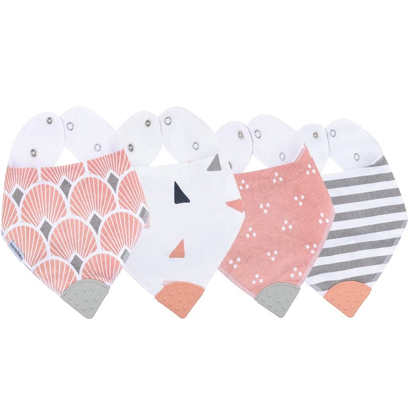 Bazzle Baby Bandana Teething Bibs 4-Pack - Soft Cotton Drool Bibs for Boys & Girls with Silicone Teether, Adjustable & Absorbent Baby Bibs for Drooling (Pink & White) - Perfect for Teething Relief, Mealtime & Everyday Use