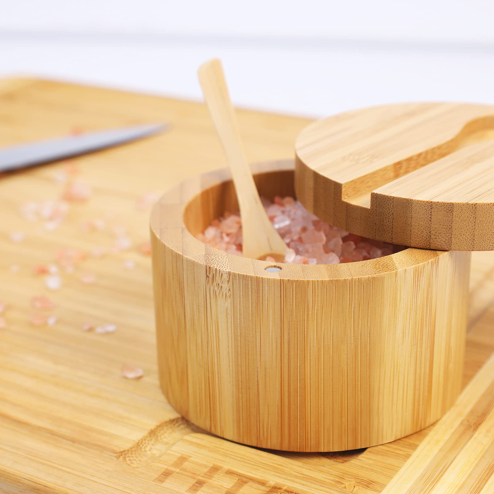 Premium Bamboo Salt Cellar with Mini Spoon - Magnetic Swivel Lid for Easy Access - Round Spice Container for Salt, Pepper & Bath Salts - Ideal for Kitchen, Dining & Home Decor