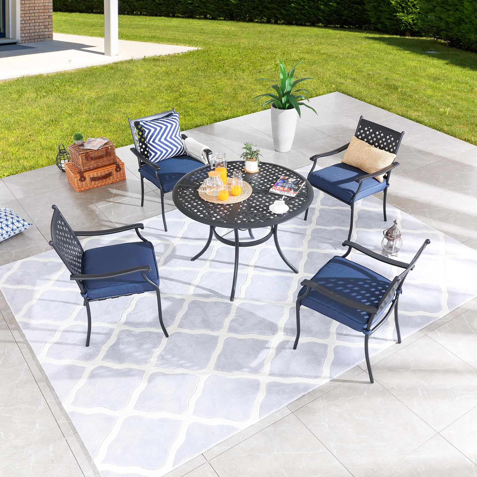 5-Piece Outdoor Patio Dining Set with Metal Chairs, Cushions & Round Iron Table - All-Weather Garden Furniture for Bistro, Deck, Backyard (Blue) | Perfect for BBQs, Poolside Lounging & Outdoor Entertaining