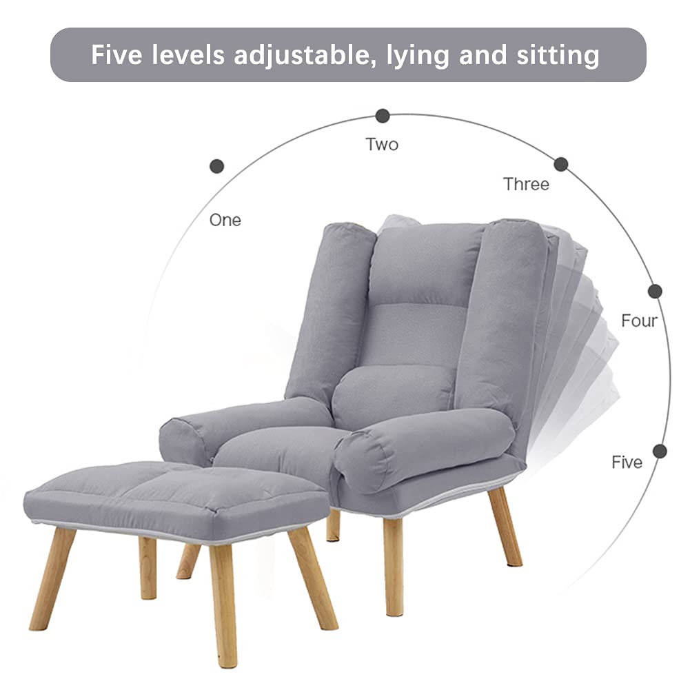 Foldable Lazy Sofa Chair with Ottoman - Adjustable Modern Accent Armchair & Footstool Set - Upholstered Recliner Lounge Chair for Indoor & Outdoor Use - Perfect for Living Room, Patio, or Bedroom (Grey)