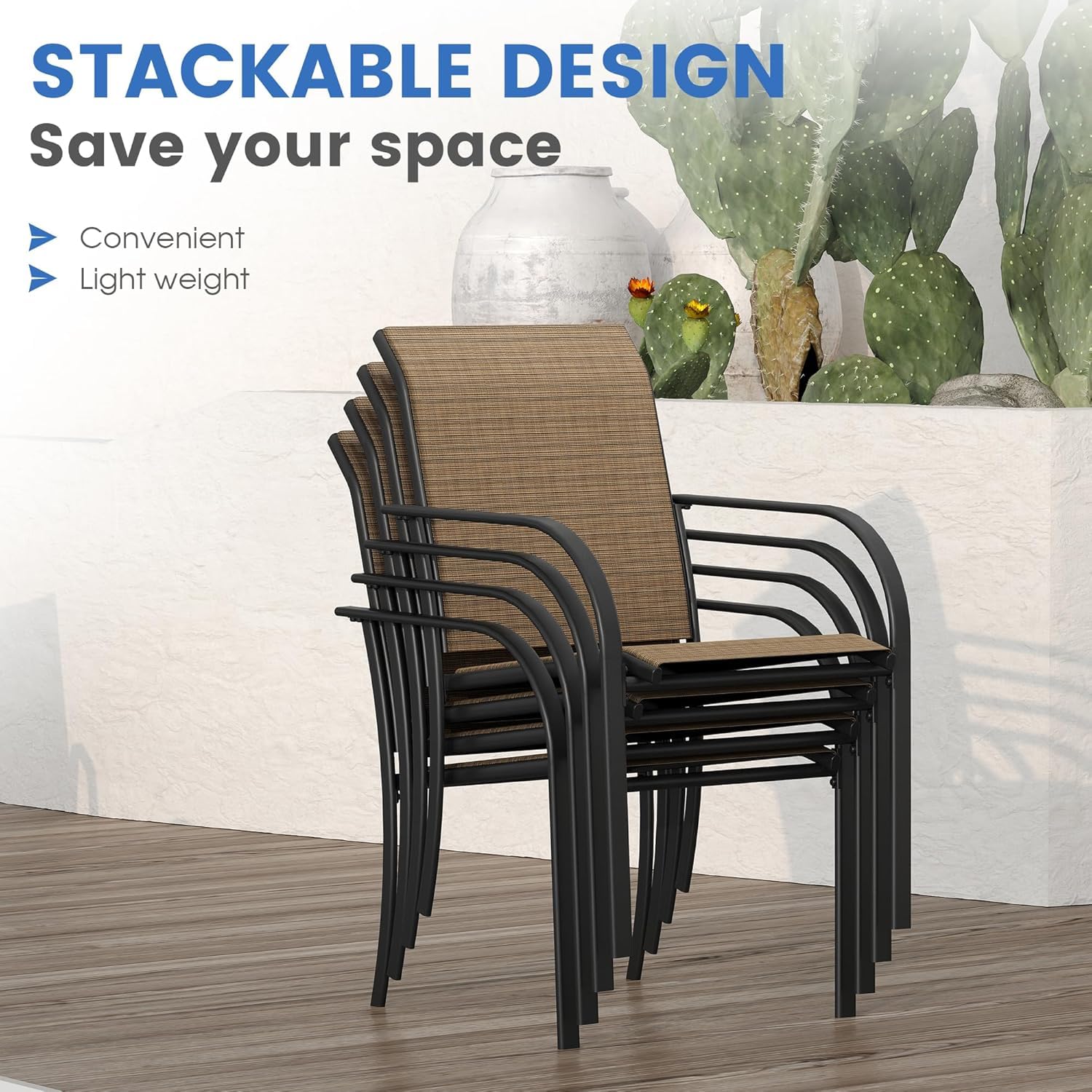 VICLLAX 5-Piece Outdoor Dining Set - Round Patio Table with 4 Sling Chairs, Brown & Walnut Finish - Perfect for Backyard, Garden, Deck or Poolside Gatherings