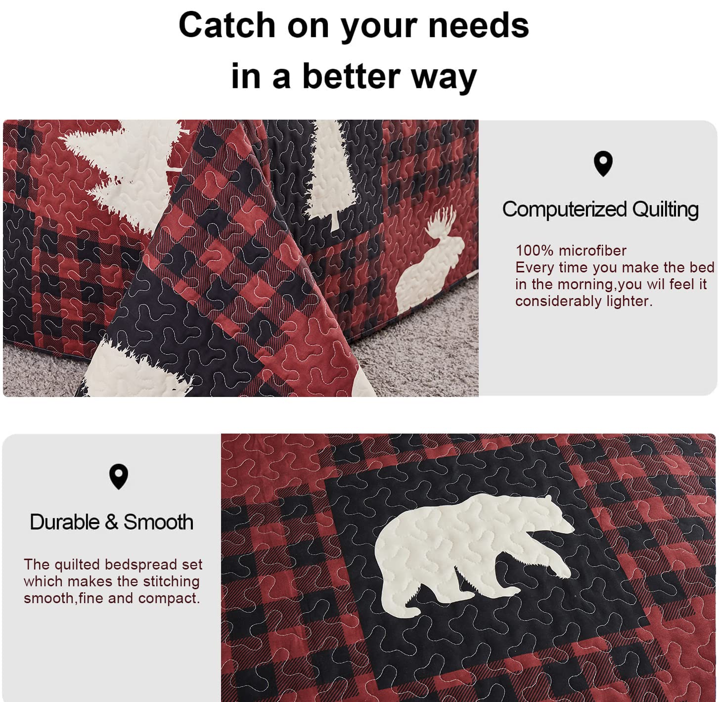 Rustic Buffalo Plaid Quilt Set - Twin Size Red & Black Lodge Bedspread, Lightweight Reversible Coverlet with Forest Moose Bear Design | Perfect for Cabin, Country Home, or Lodge Bedroom Decor