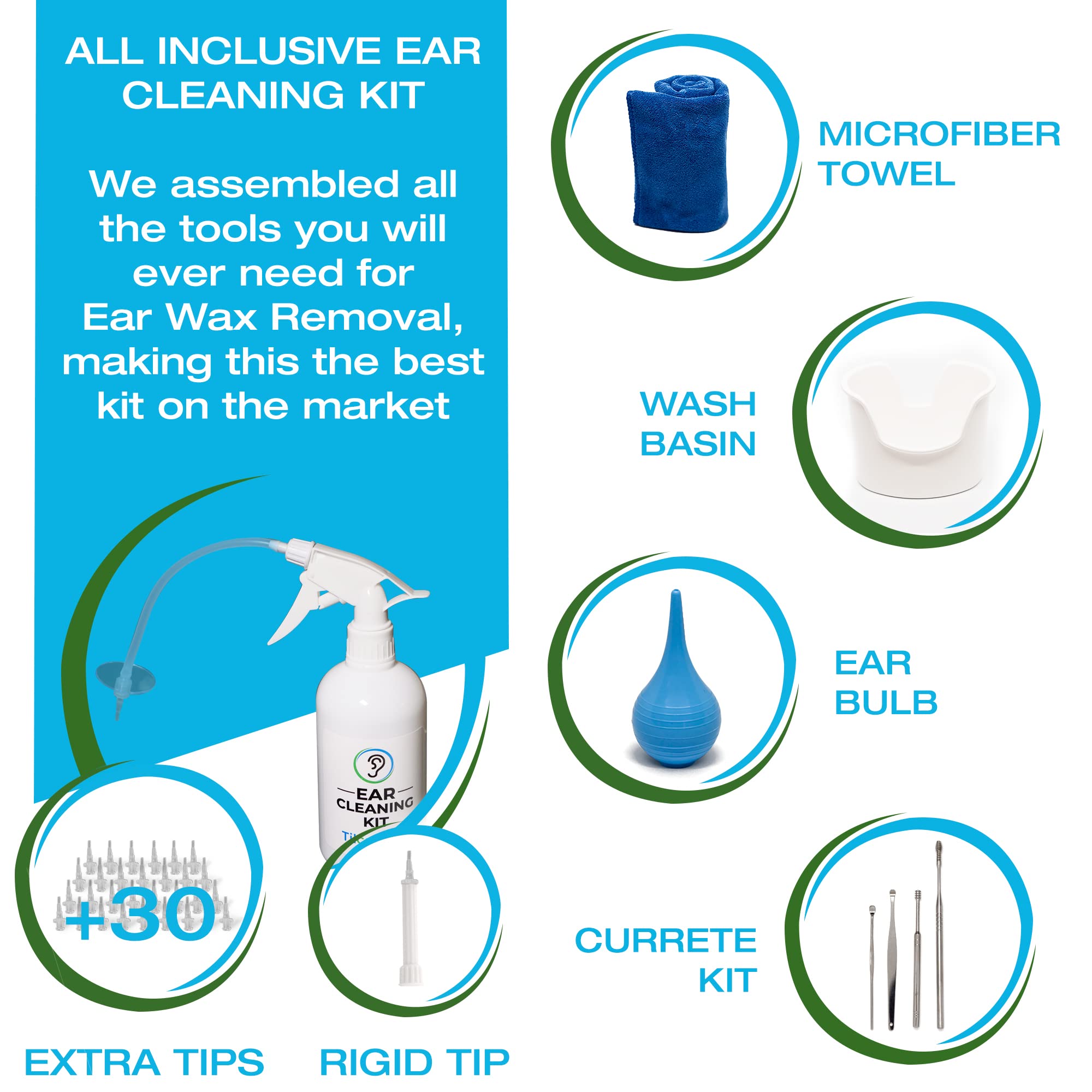 Tilcare Ear Wax Removal Kit - Safe Ear Irrigation System for Adults & Kids - Complete Ear Cleaning Set with Basin, Syringe, Curette, Towel & 30 Disposable Tips - Ideal for Home Ear Hygiene & Wax Buildup Relief
