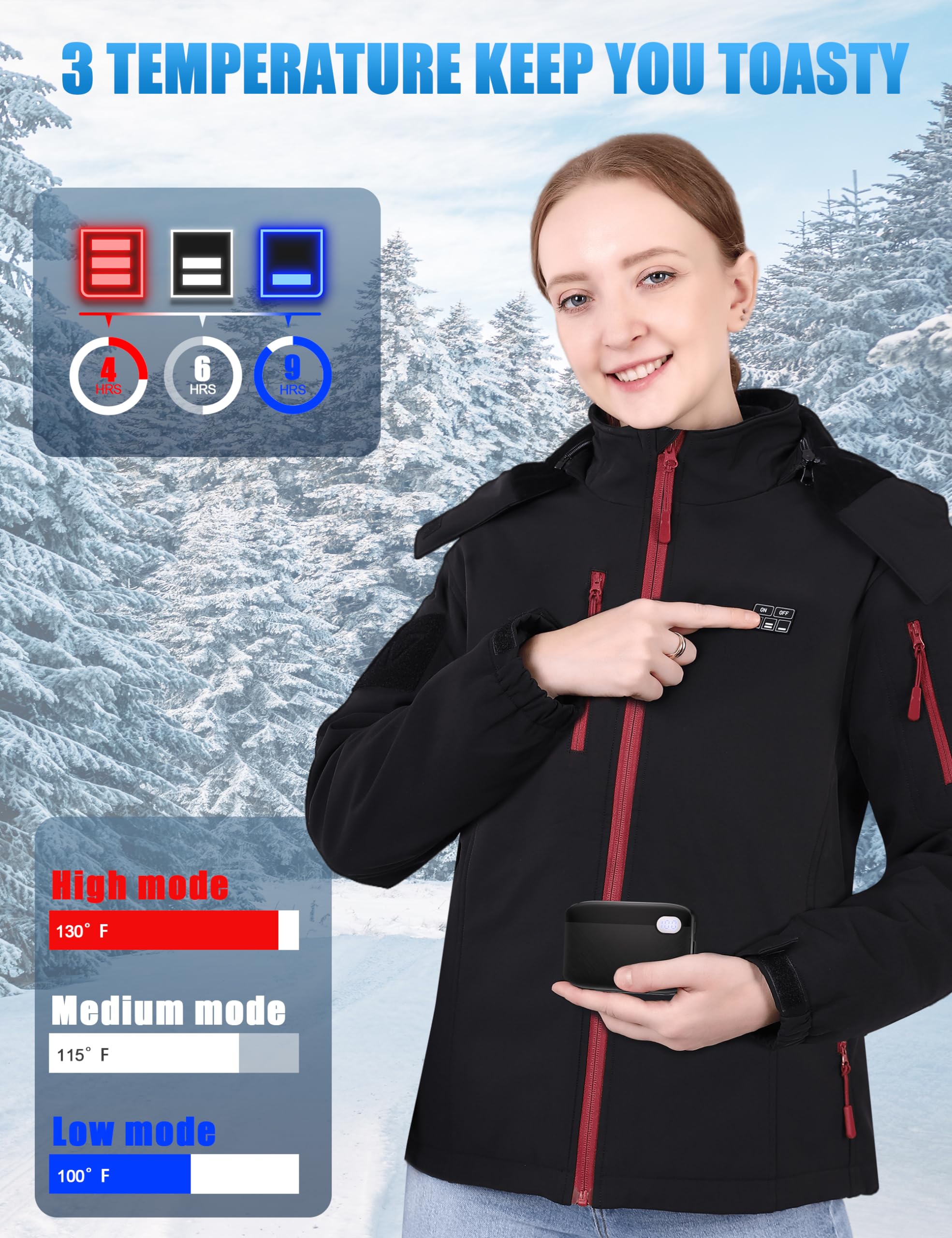 Vencede Women's Heated Jacket with 10000mAh Battery Pack - Soft Shell Winter Coat with Detachable Hood - Perfect for Outdoor Activities, Skiing, Hiking & Cold Weather Commutes
