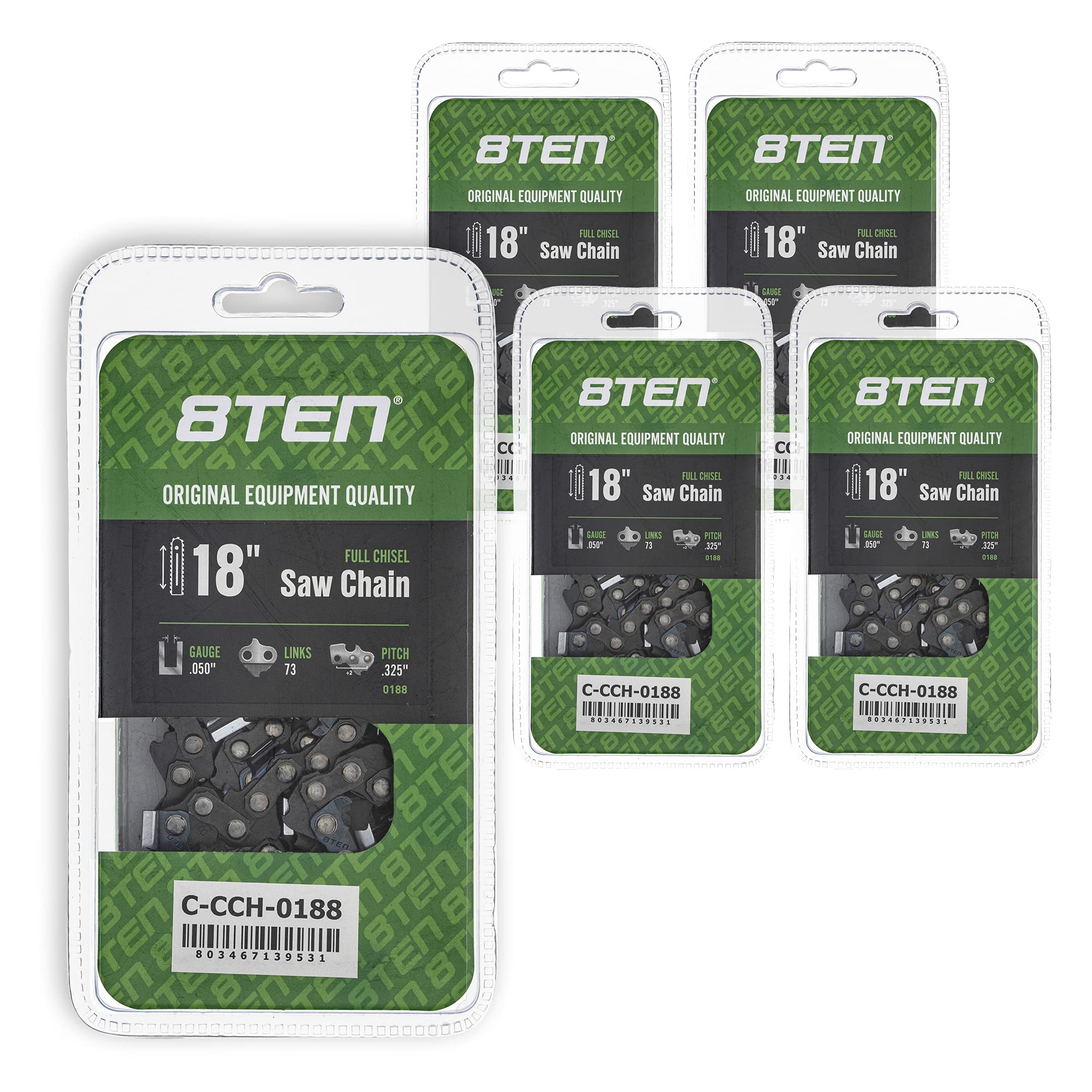 8TEN 18-Inch Full Chisel Chainsaw Chain .050 Gauge .325 Pitch 73DL - Compatible with Homelite 245, Solo 613 632 641 650 - 5-Pack Replacement Chains for Wood Cutting, Tree Trimming & Firewood Processing