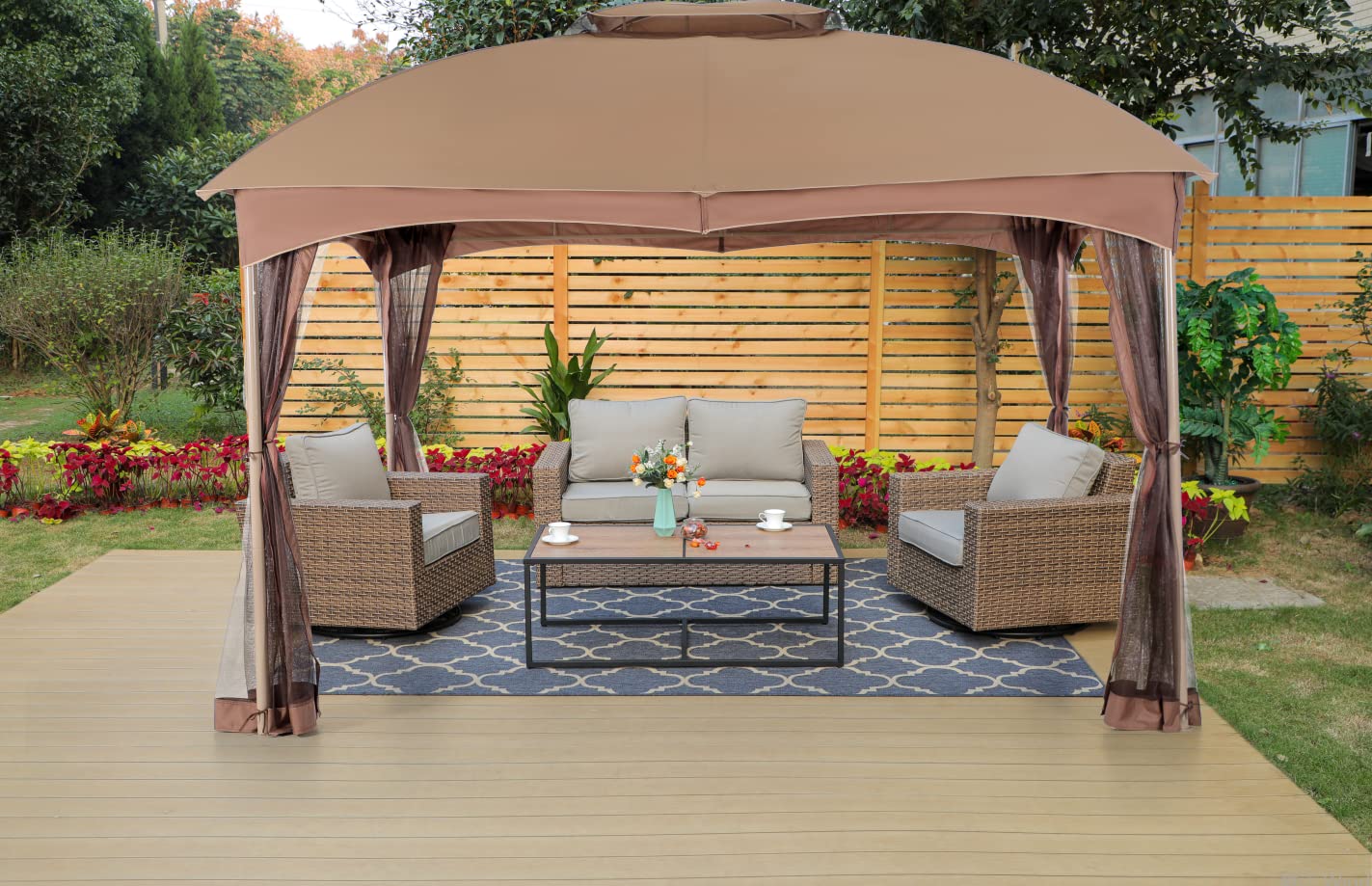 PHI VILLA 10x10 Gazebo Canopy for Patio - Heavy Duty Double Vent Outdoor Gazebo with Netting & Screens - Perfect for Garden, Deck, Backyard Parties & Outdoor Events (Khaki)