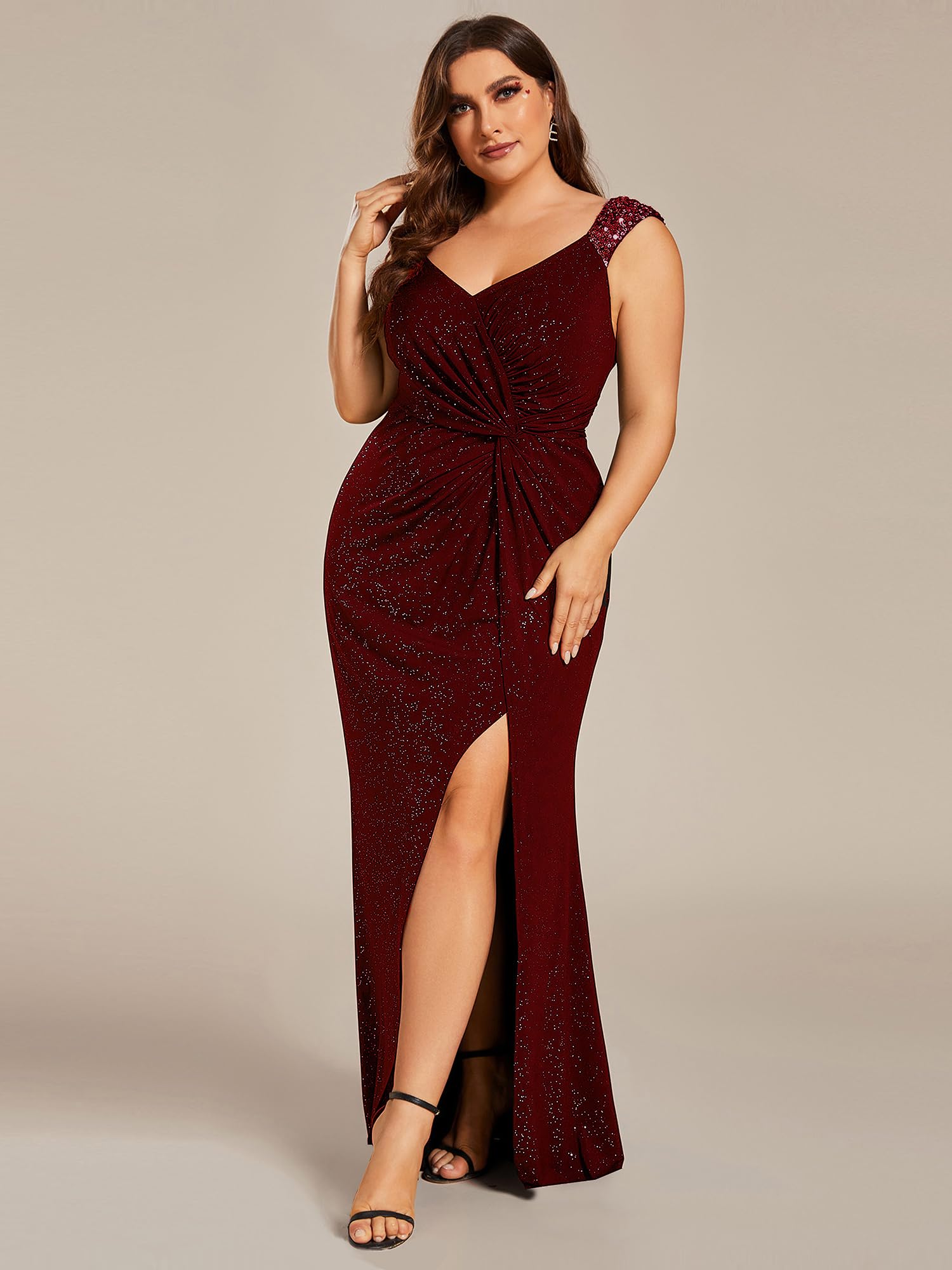 Ever-Pretty Plus Size V-Neck Glitter Bodycon Evening Dress with High Slit - Formal Ball Gown for Curvy Women 01888-DA | Perfect for Prom, Homecoming, Black Tie Events & Special Occasions
