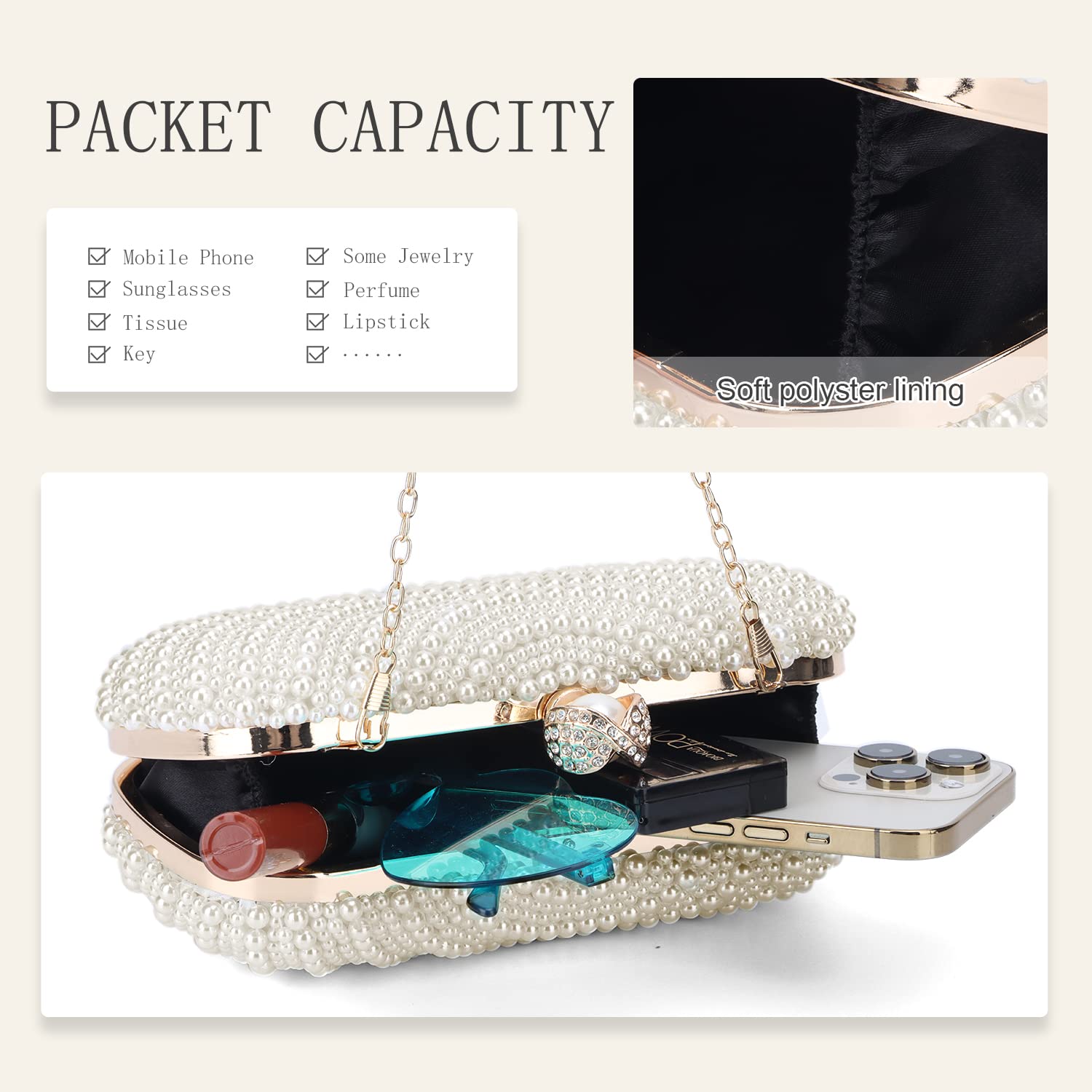 Elegant White Pearl Clutch Purse for Women - Wedding & Evening Party Handbag - Bride Pearl Clutch Wallet with Shiny Rhinestones | Perfect for Prom, Bridal Shower, Cocktail Parties & Formal Events