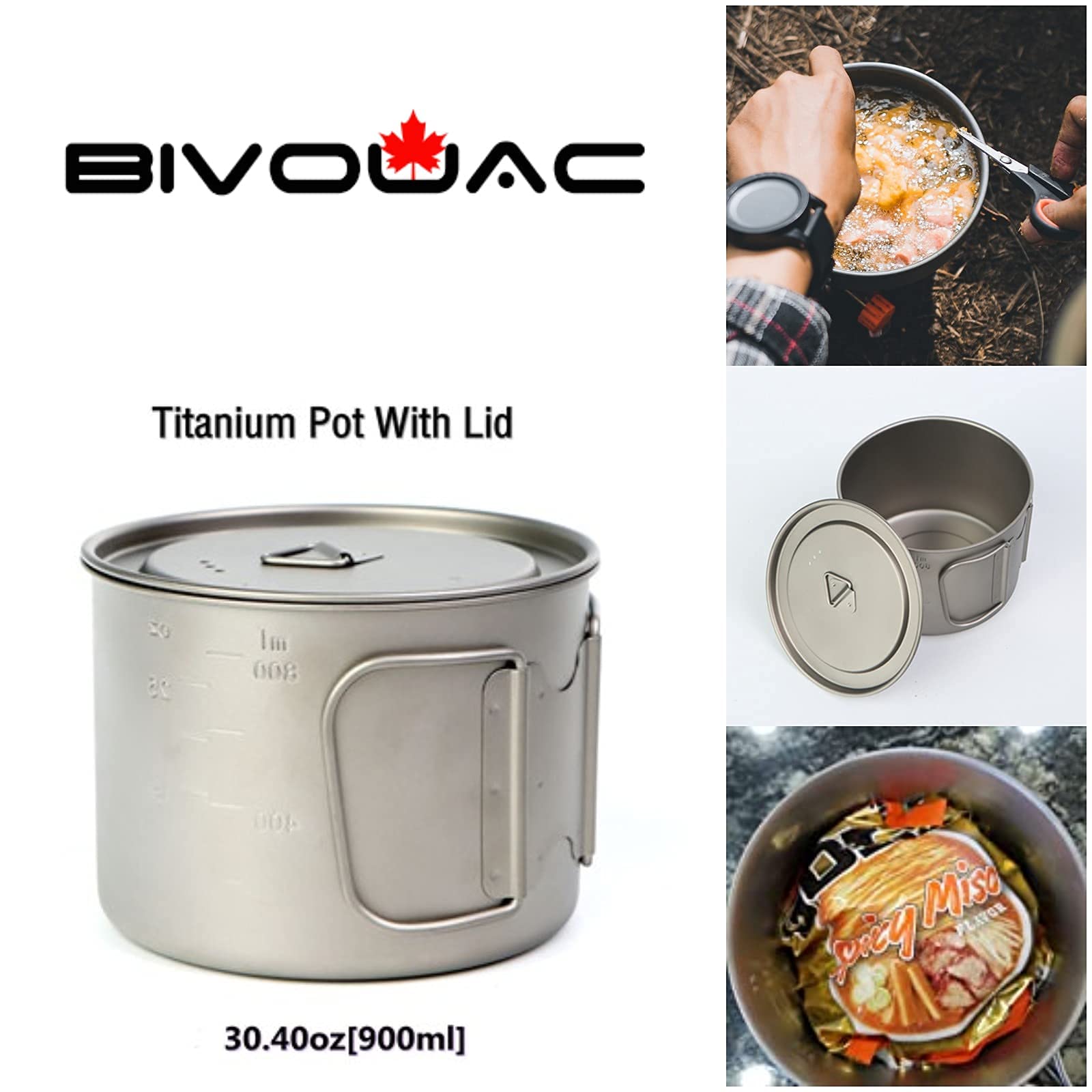 BIVOUAC 900ml Titanium Pot with Lid - Lightweight Titanium Camping Cookware Set, Backpacking Coffee Cup for Outdoor Cooking, Hiking & Camping Trips
