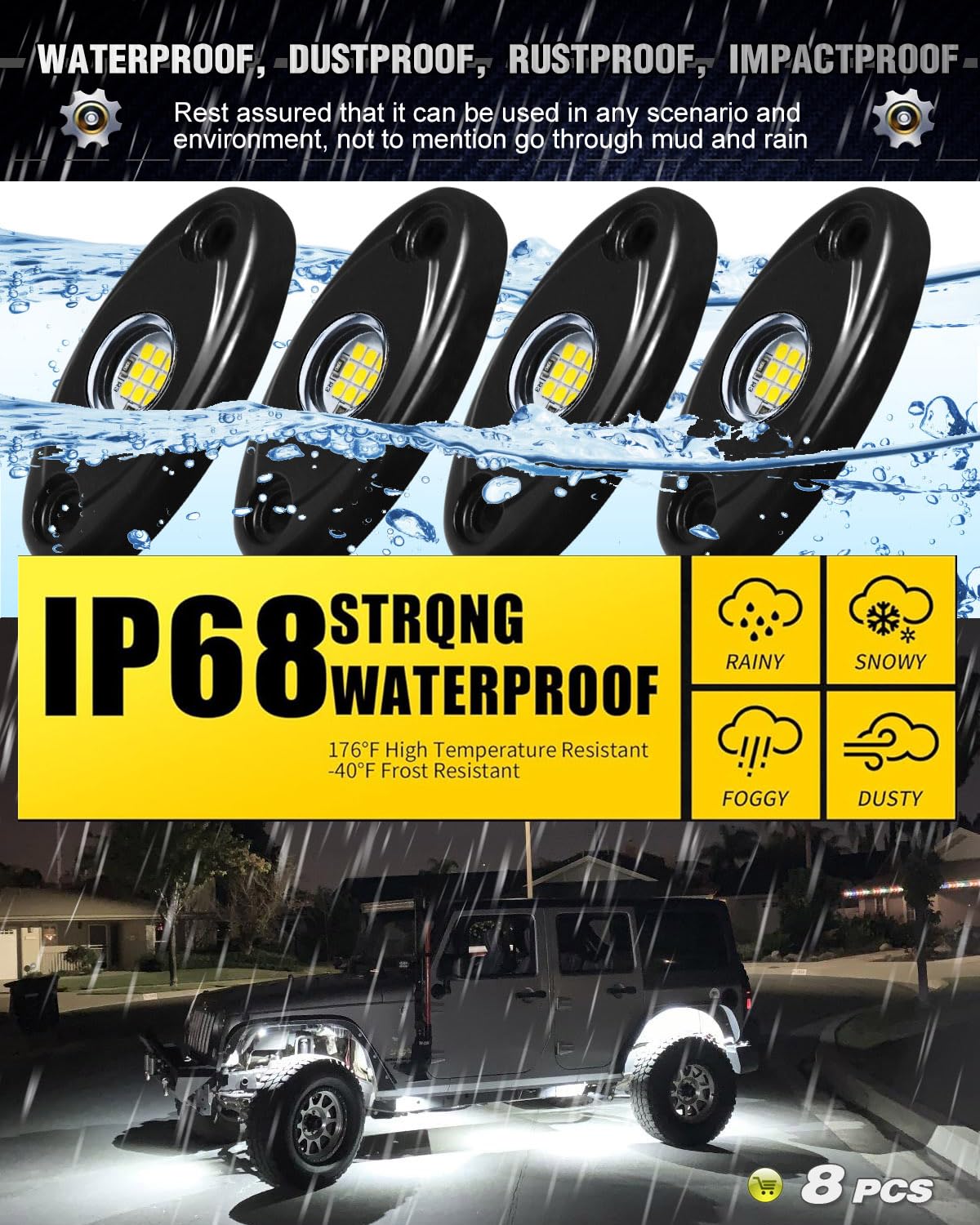 8 Pods LED Rock Light Kit - Waterproof Underglow Neon Lights for ATV, SUV, Offroad Car, Truck & Boat - White | Perfect for Night Off-Roading, Trail Rigs & Underbody Glow