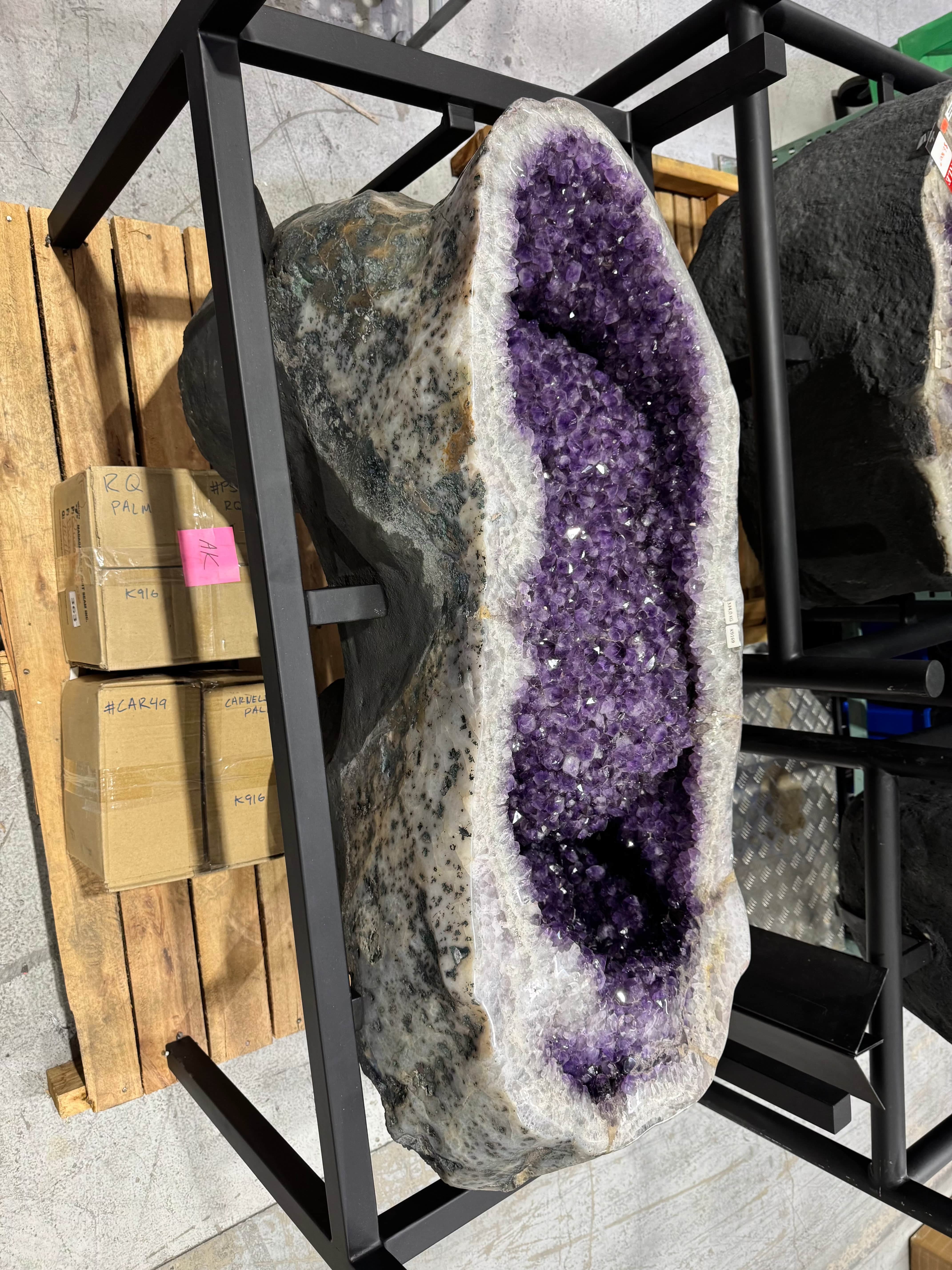 Natural Amethyst Geode Table from Brazil with Custom Wood Stand – 51 lbs | Home Decor, Meditation Room Centerpiece, Healing Crystal Furniture
