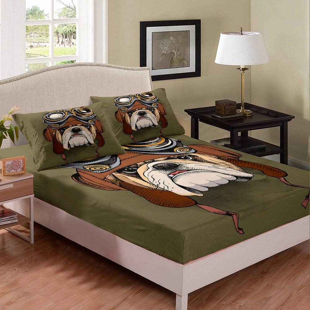 Adorable Dog Pilot Print Deep Pocket Fitted Sheet Set - Queen Size Dark Green Pet-Themed Bedding (1 Fitted Sheet + 2 Pillowcases) - Perfect for Kids' Rooms & Dog Lovers' Bedrooms