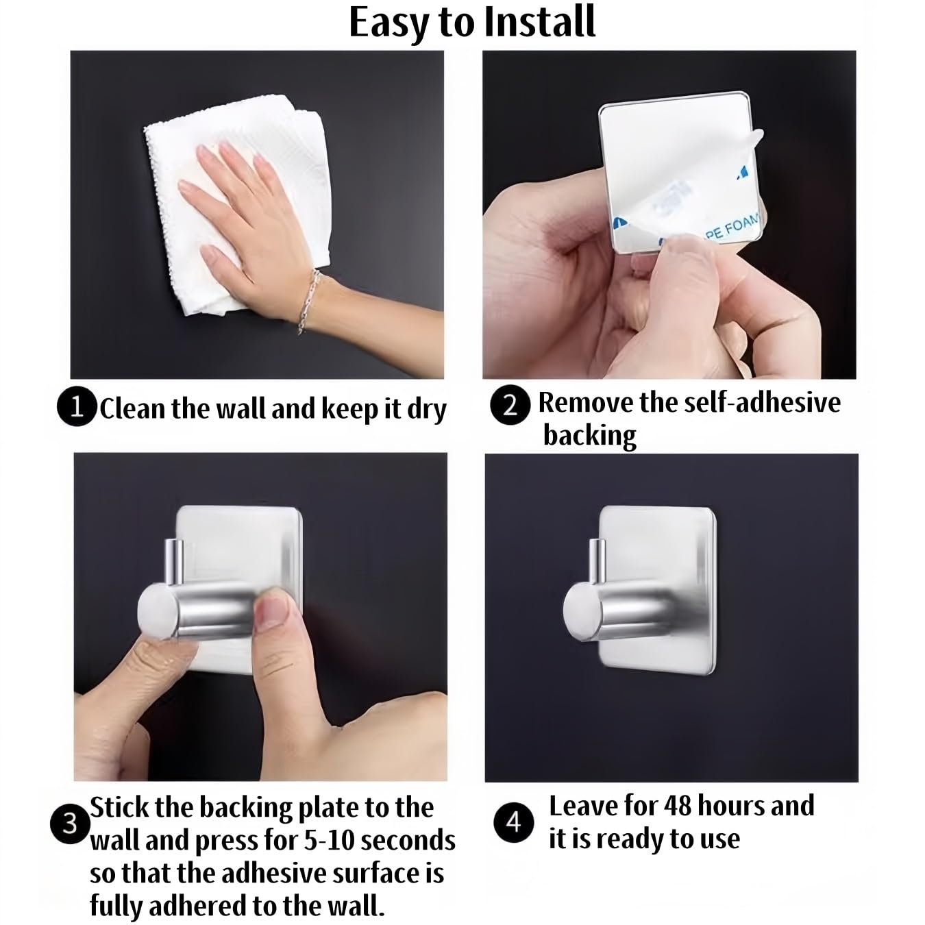 Stainless Steel Self-Adhesive Hooks - Rustproof Wall Hooks for Bathroom, Kitchen & Bedroom - Perfect for Towels, Robes, Clothes & Home Organization
