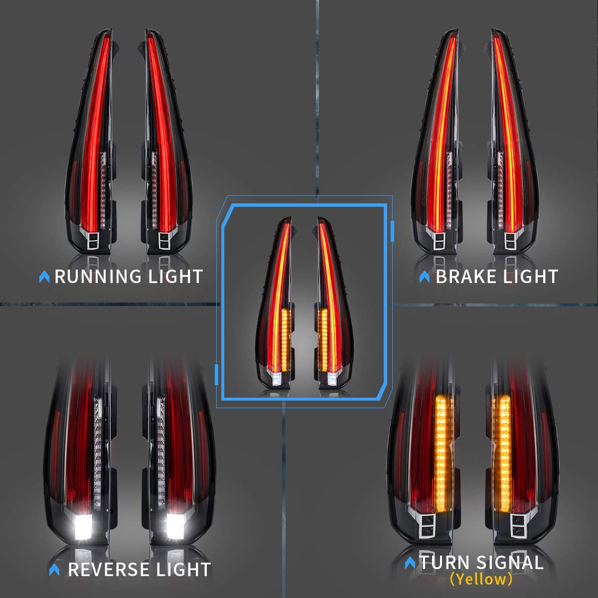 VLAND Full LED Tail Lights Compatible with Chevy Tahoe Suburban GMC Yukon 2007-2014 - Red Clear Rear Lamp Assembly with Yellow Turn Signal & 5-Pin Connector | Upgrade for Enhanced Visibility & Style