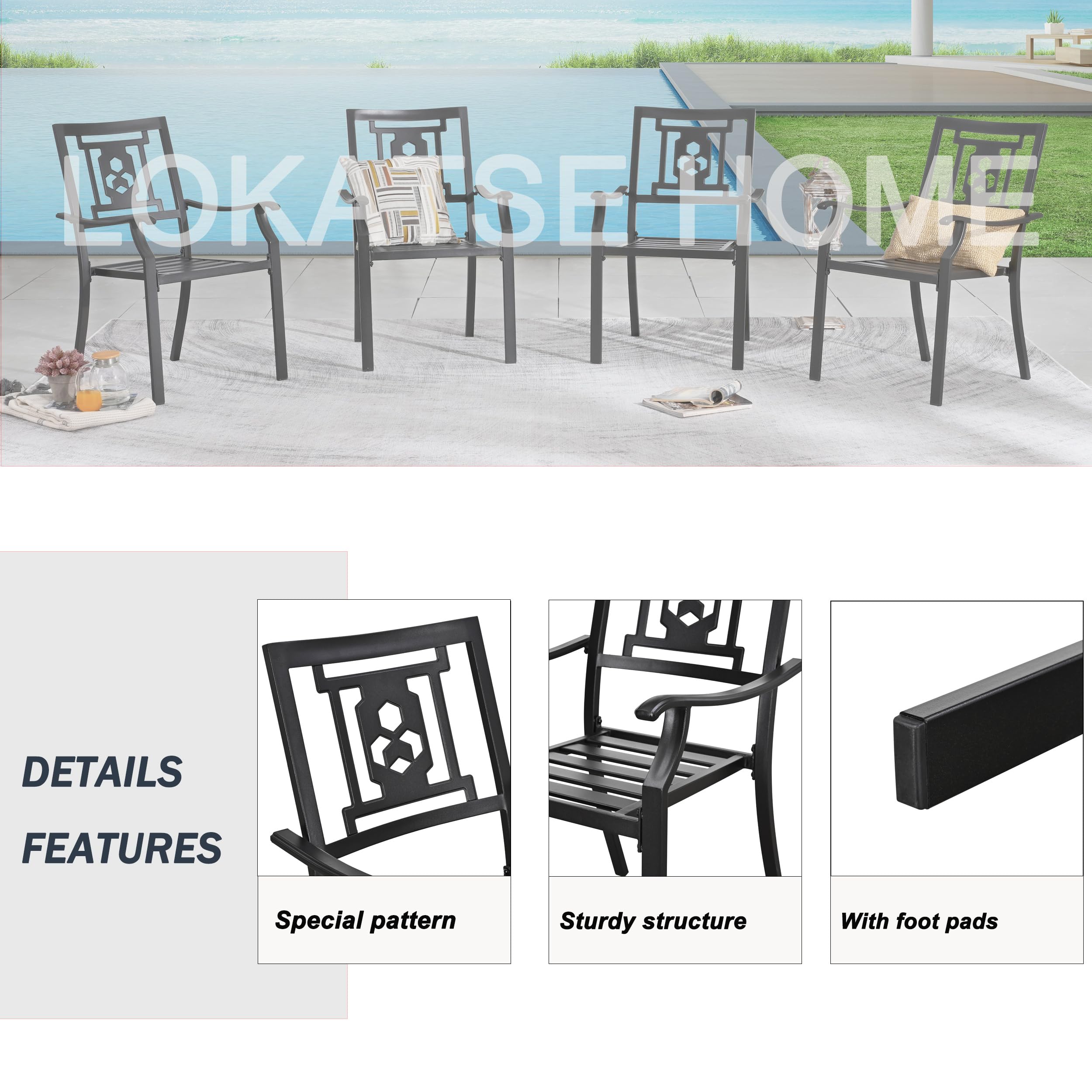 LOKATSE HOME 4-Piece Outdoor Patio Dining Chairs Set - Weather-Resistant Metal Frame Armchairs for Garden, Deck, Poolside & Backyard Decor - Comfortable Outdoor Furniture for Dining & Relaxing