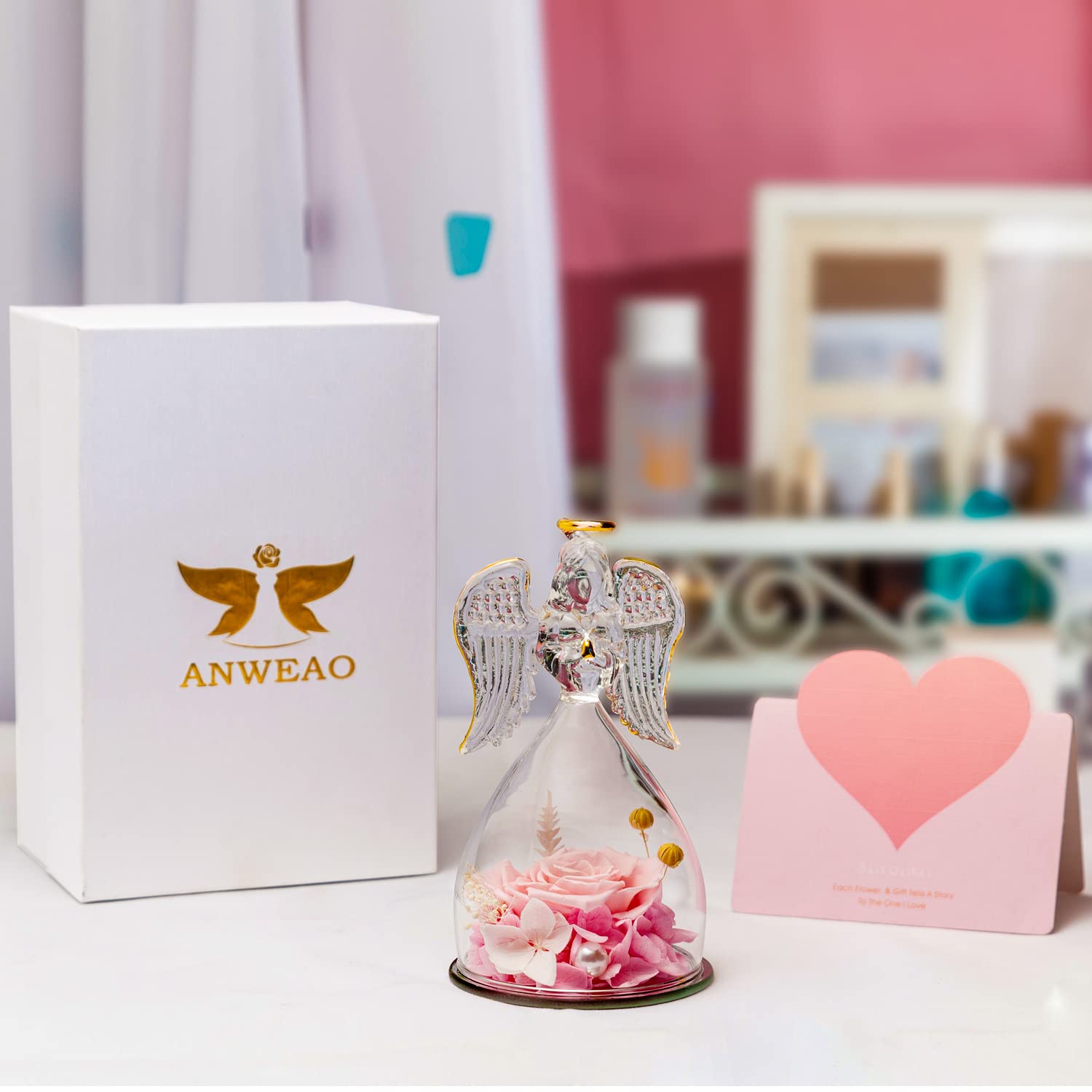 Mother's Day Rose Angel Figurine Gift Set - Elegant Glass Rose with Angel for Women, Birthday, Anniversary & Thanksgiving - Perfect Gift for Mom, Wife & Loved Ones (Home Decor, Wedding Centerpiece, Romantic Gift Idea)