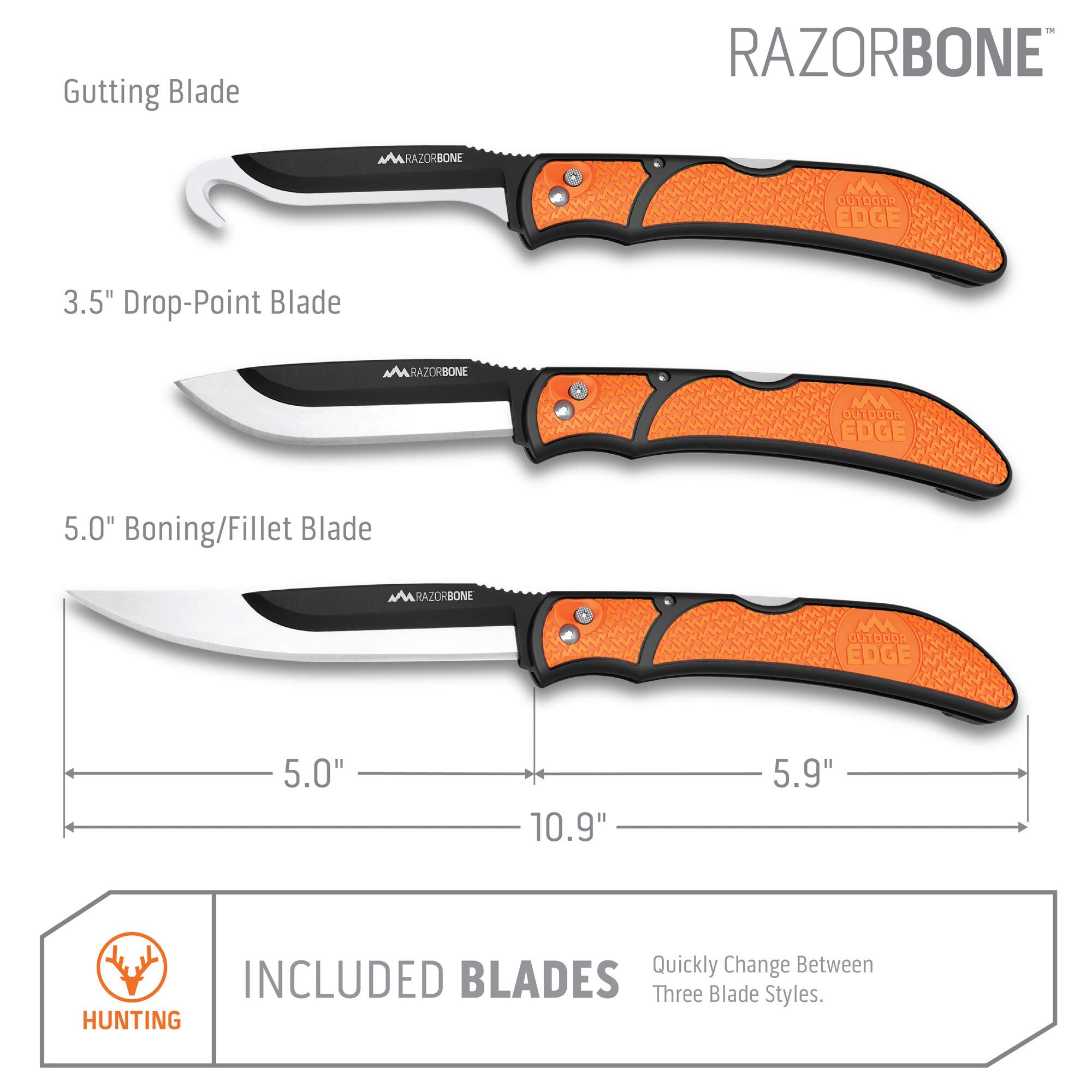 OUTDOOR EDGE RazorBone Replaceable Blade Folding Hunting Knife with Clip & Sheath - 3 Blade Styles (Boning, Gutting, Skinning) | Blaze Orange Handle, Camo Sheath, 6 Blades & Storage Box | Ideal for Hunting, Camping, Field Dressing & Outdoor Survival