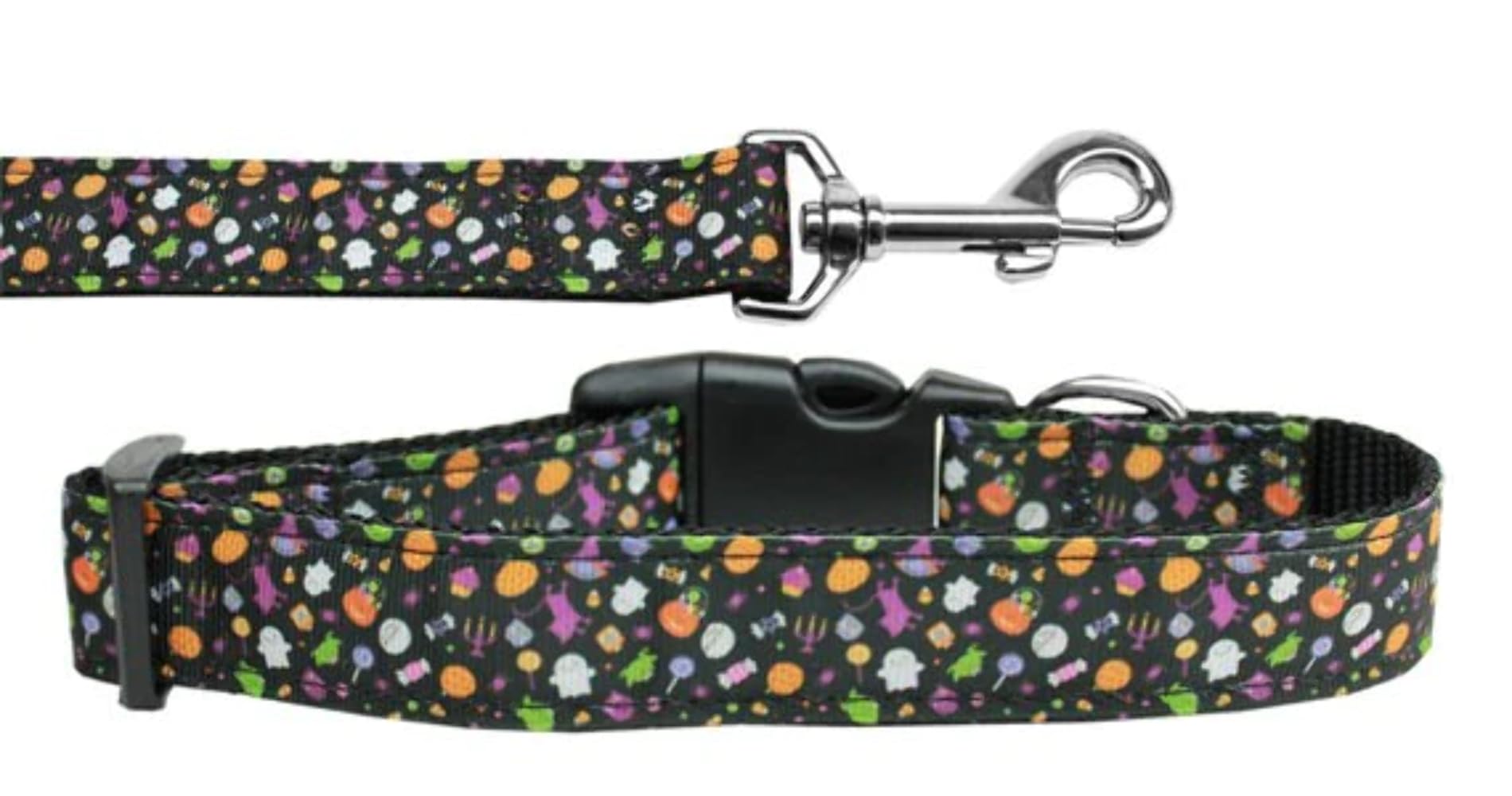 Halloween Pet Dog & Cat Nylon Collar & Leash Set - Halloween Confetti Pattern - Adjustable & Durable for Small to Large Pets - Perfect for Trick-or-Treating & Costume Parties