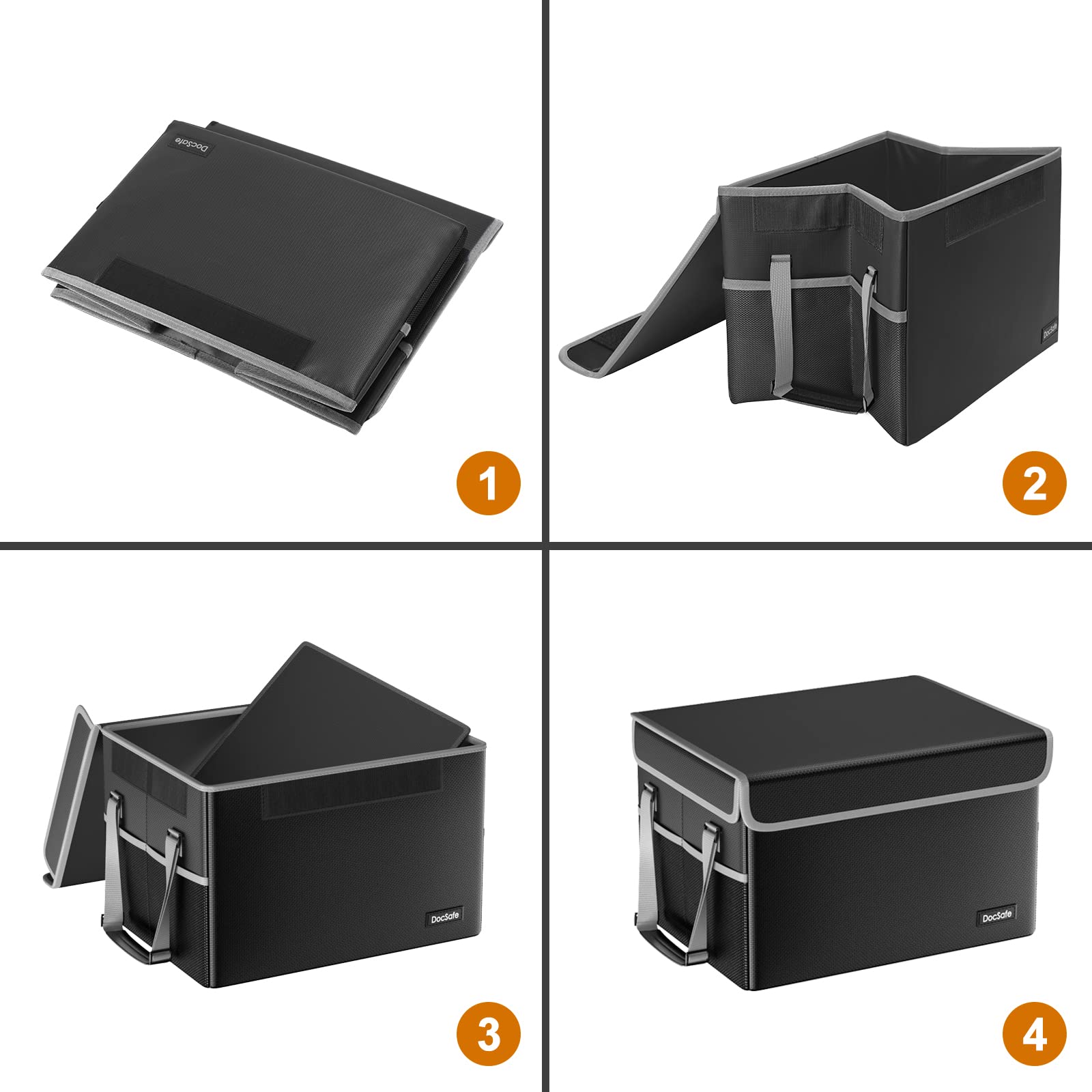 Fireproof Document Storage Box with Lid - Collapsible File Organizer for Hanging Letter/Legal Folders, Portable Home & Office Safe Filing Cabinet with Handle (Black) - Perfect for Important Paper Storage, Fire Protection & Office Organization