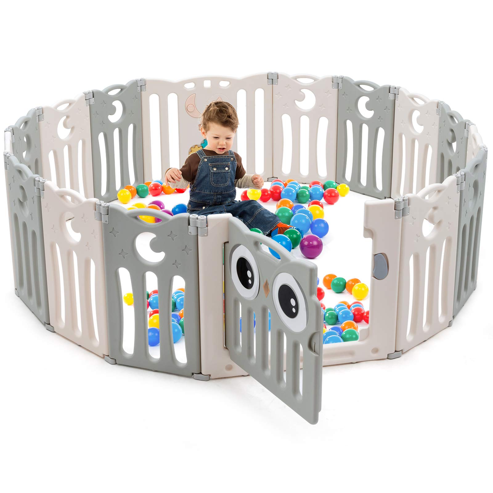 Costzon 16-Panel Foldable Baby Playpen with Locking Door - Non-Slip Rubber Pads & Bases for Safety - Indoor/Outdoor Adjustable Play Yard for Toddlers - Perfect for Home, Backyard, Daycare & Travel (Beige)