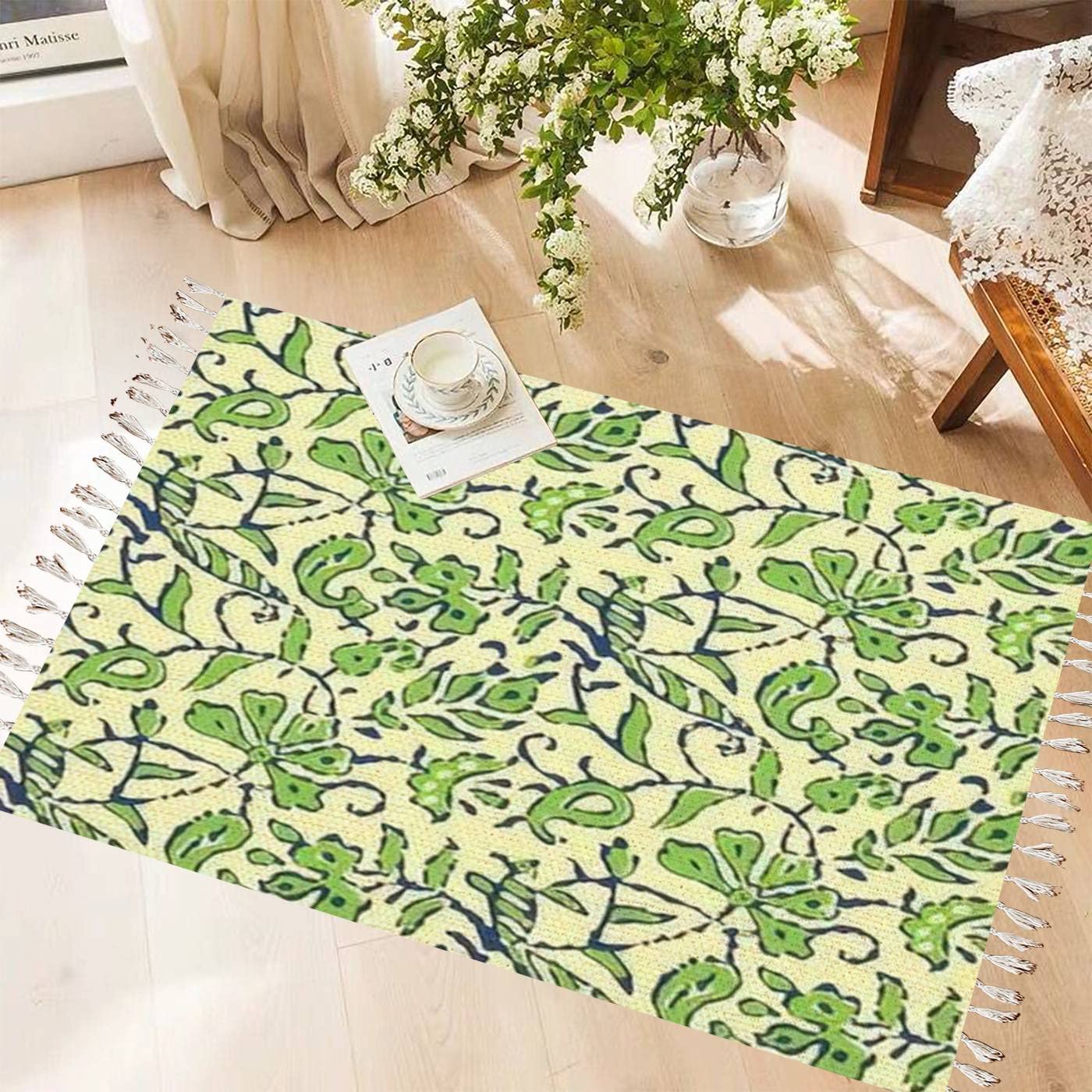 Vintage Cotton Linen Tassel Rug - Kalamkari Block Print Boho Area Rug | Washable Woven Runner Mat for Kitchen, Bathroom, Outdoor & Boho Decor | Perfect for Living Room, Bedroom, Patio & Entryway