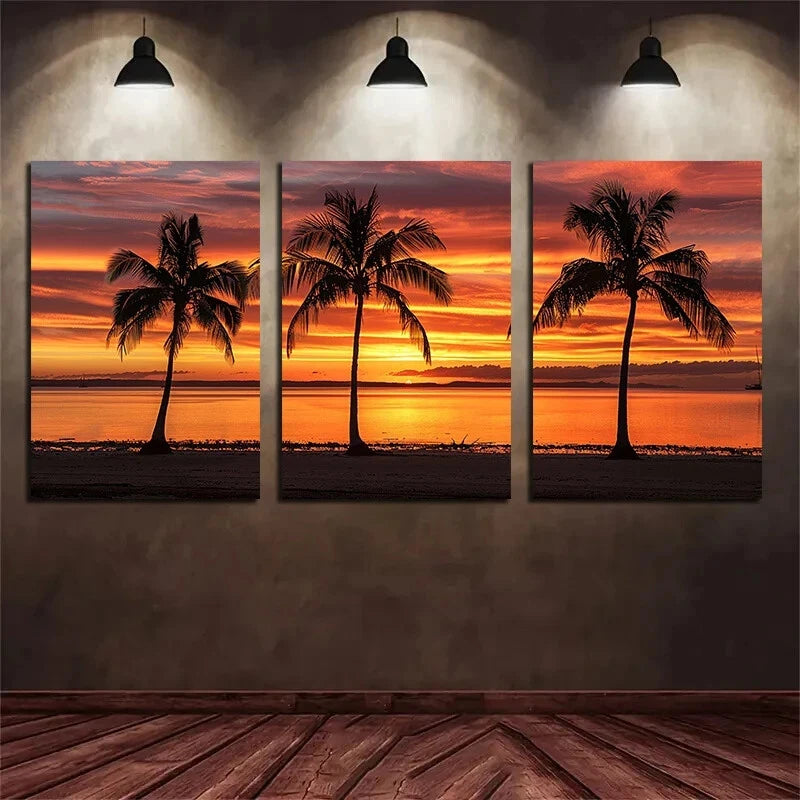 3-Piece Sunset Beach with Palm Trees Orange Sky Metal Wall Art - Ready to Hang Tropical Coastal Decor for Living Room, Bedroom & Office