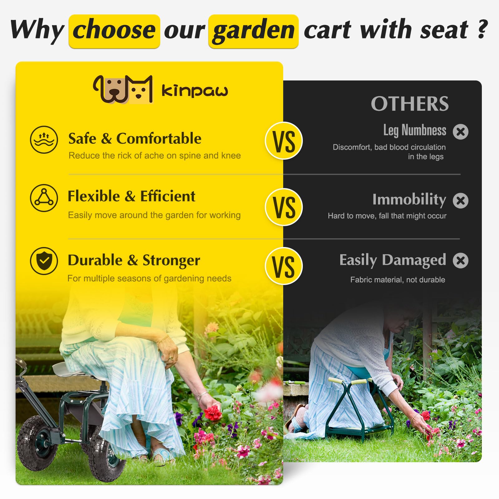 Heavy-Duty Garden Cart with Swivel Seat & Wheels - Foldable Gardening Wagon with Extendable Handle & Tool Tray for Planting, Yard Work & Outdoor Use - Perfect for Patio Maintenance, Landscaping & Backyard Projects (Green)