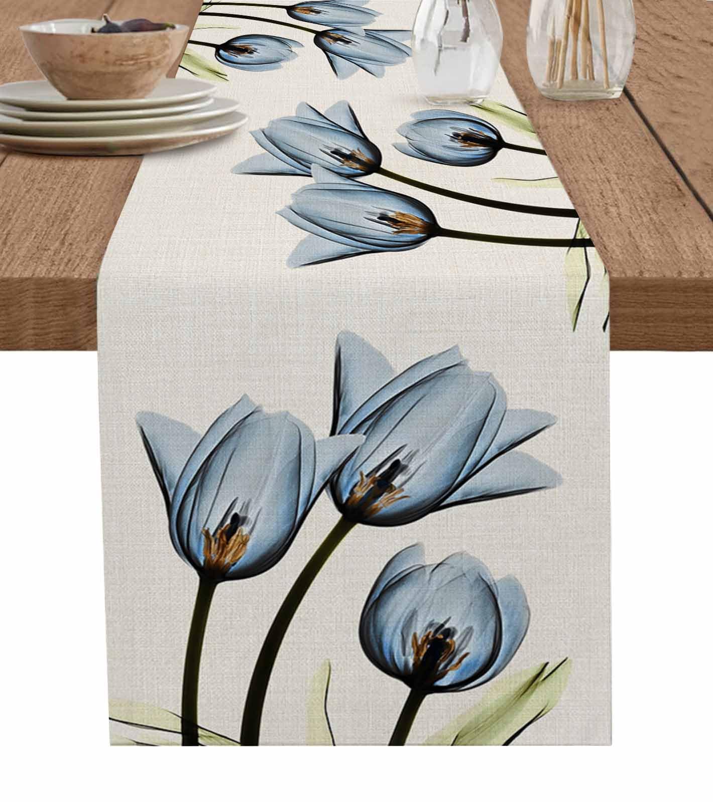 Blue Floral Table Runner 36 Inches - Vintage Tulip Linen Dining Table Scarf for Farmhouse Kitchen Decor | Perfect for Coffee Tables, Dinner Parties, Weddings & Holiday Decorations