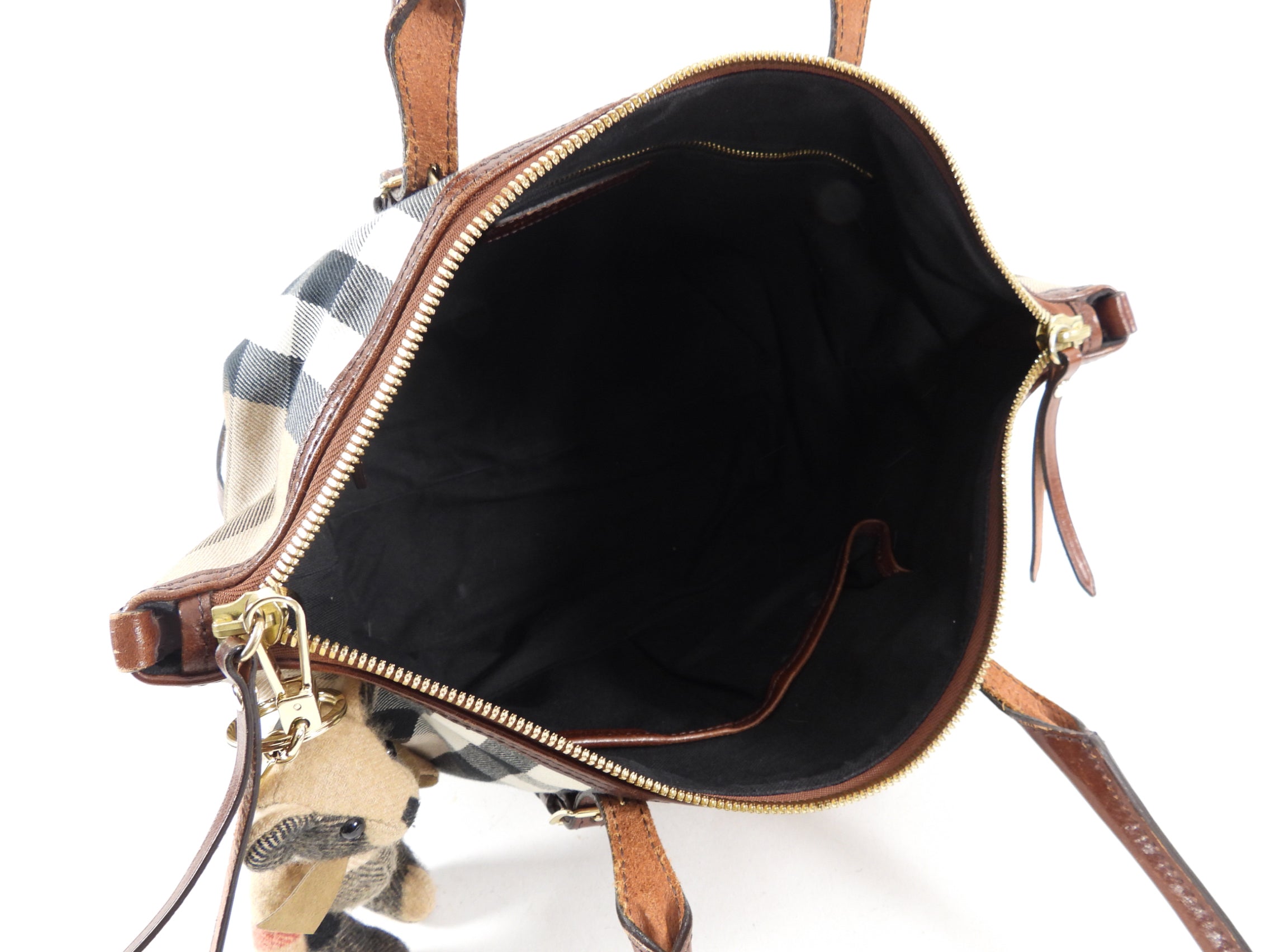 Burberry Check Fabric Tote Bag with Teddy Bear Charm - Stylish Designer Handbag for Women, Perfect for Work, Travel & Everyday Use
