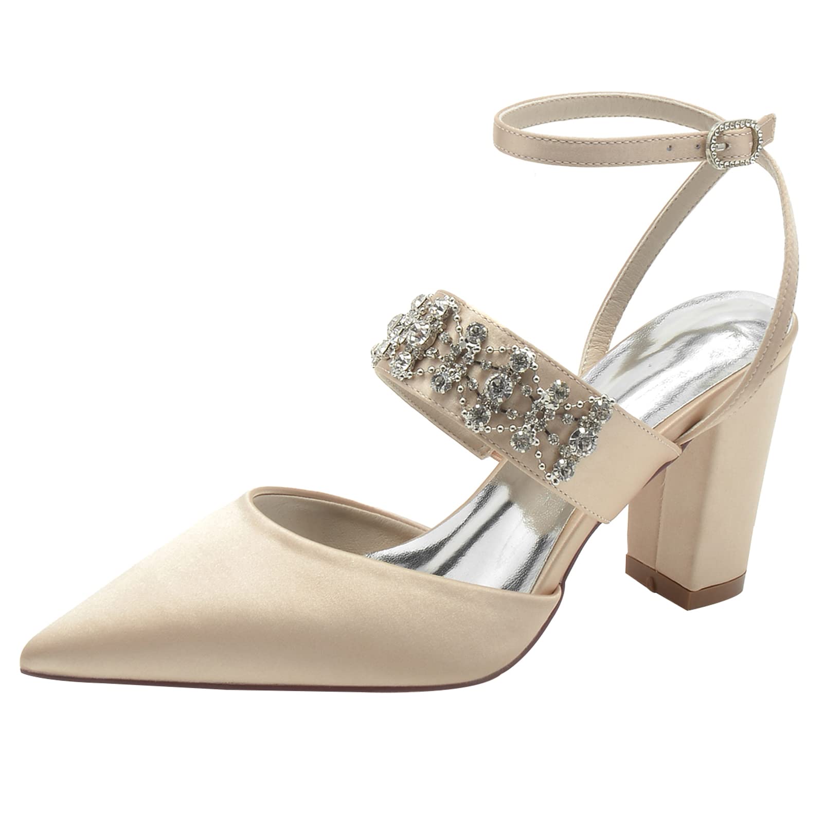 TNXZ Women's Rhinestone Glitter Block Heel Pumps - Pointy Toe Ankle Strap Wedding Party Shoes for Bride, Prom, Evening & Special Occasions