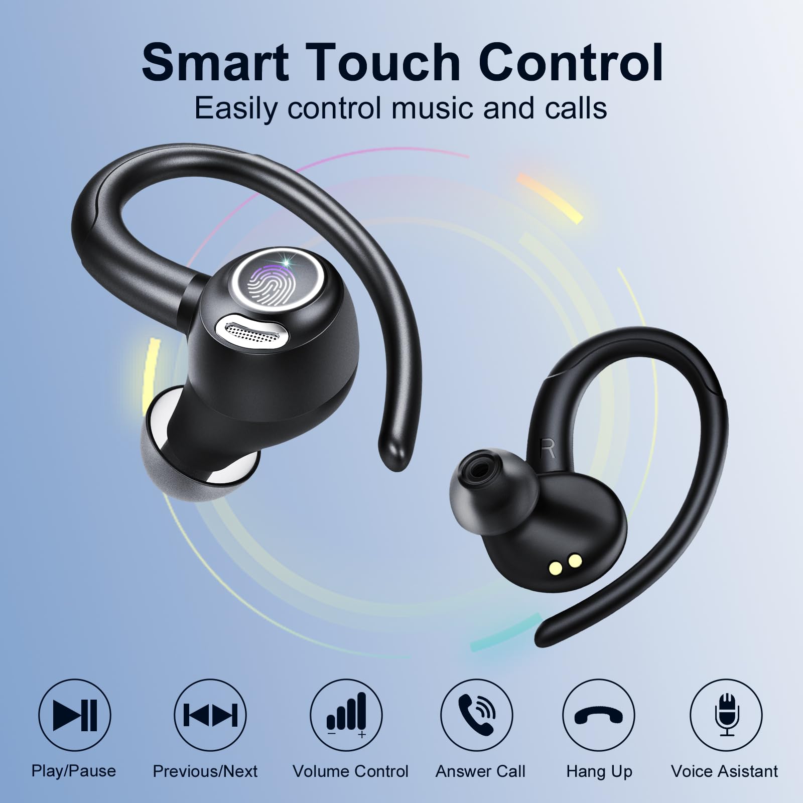 Wireless Bluetooth 5.3 Earbuds with Earhooks - 48H Playtime, Deep Bass Stereo Sound, HD Mic & IP7 Waterproof - Sport Headphones for Running, Workout, Gym, Travel & Daily Use