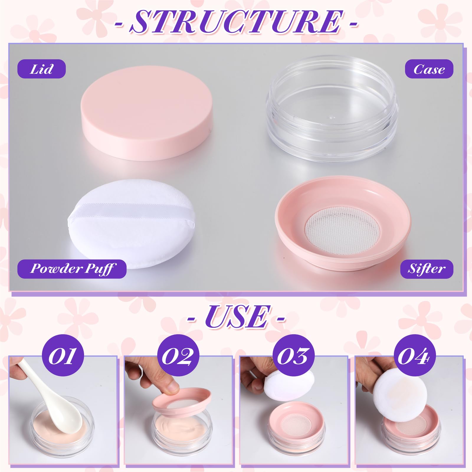 2 Pack 10ml Empty Loose Powder Containers with Sponge Puff - Leakproof Reusable Plastic Makeup Powder Case for Setting Powder & Mineral Foundation - Perfect for Travel, Touch-ups & Professional Makeup Kits