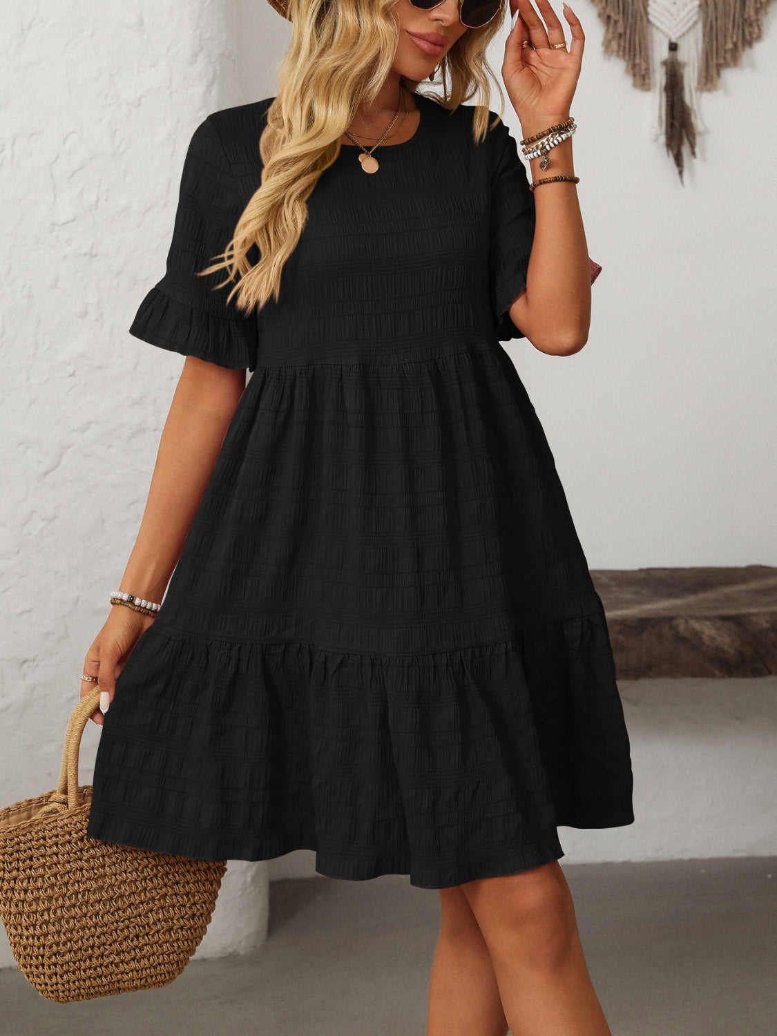 Mandy Women's Ruffled Ruched Round Neck Half Sleeve Casual Dress for Summer, Party, and Date Night