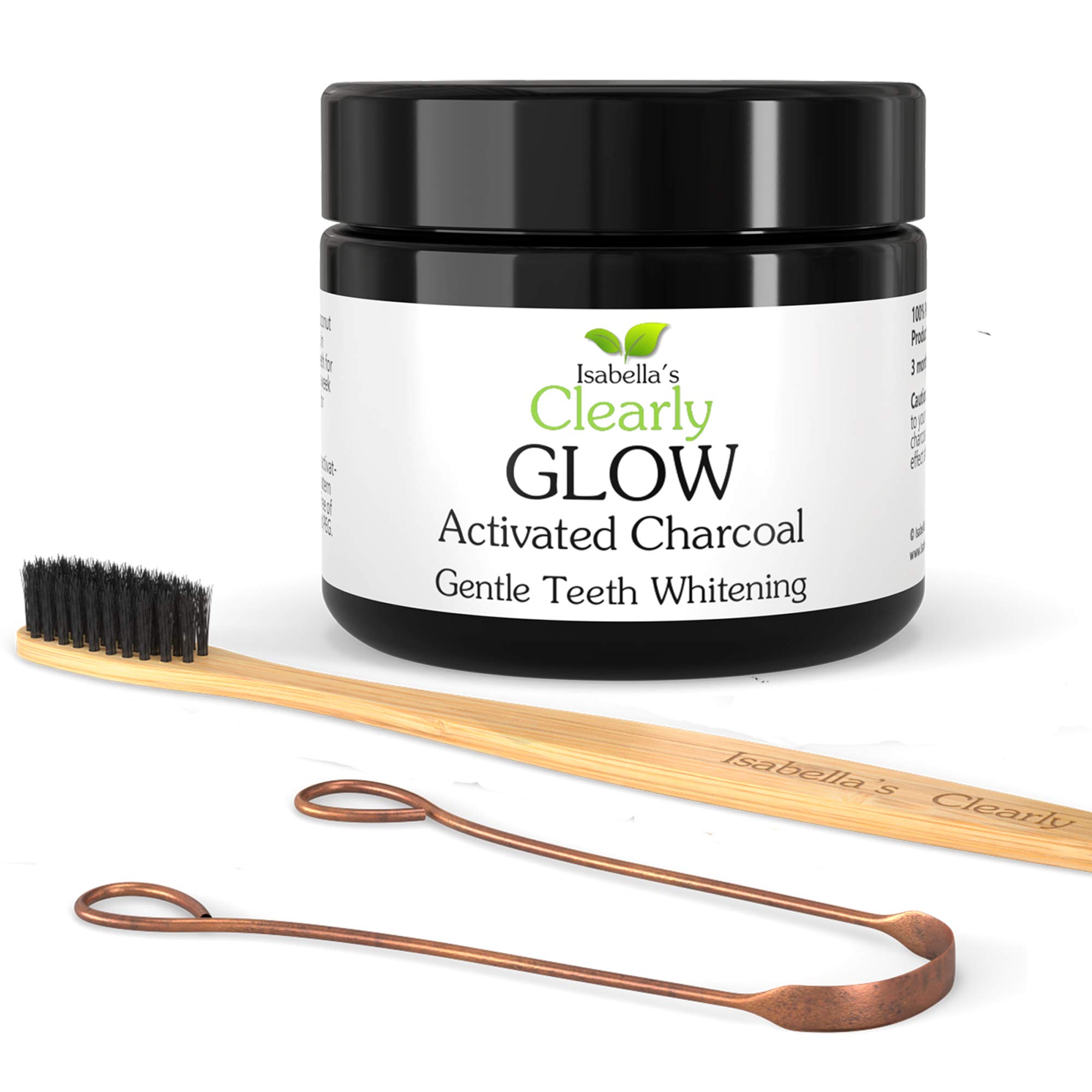 Glow Teeth Whitening Kit (4 Piece) - Activated Charcoal Powder, Bamboo Toothbrush, Copper Tongue Cleaner & Eco Gift Bag | Natural Teeth Whitening Solution for Home Use, Travel & Gifting