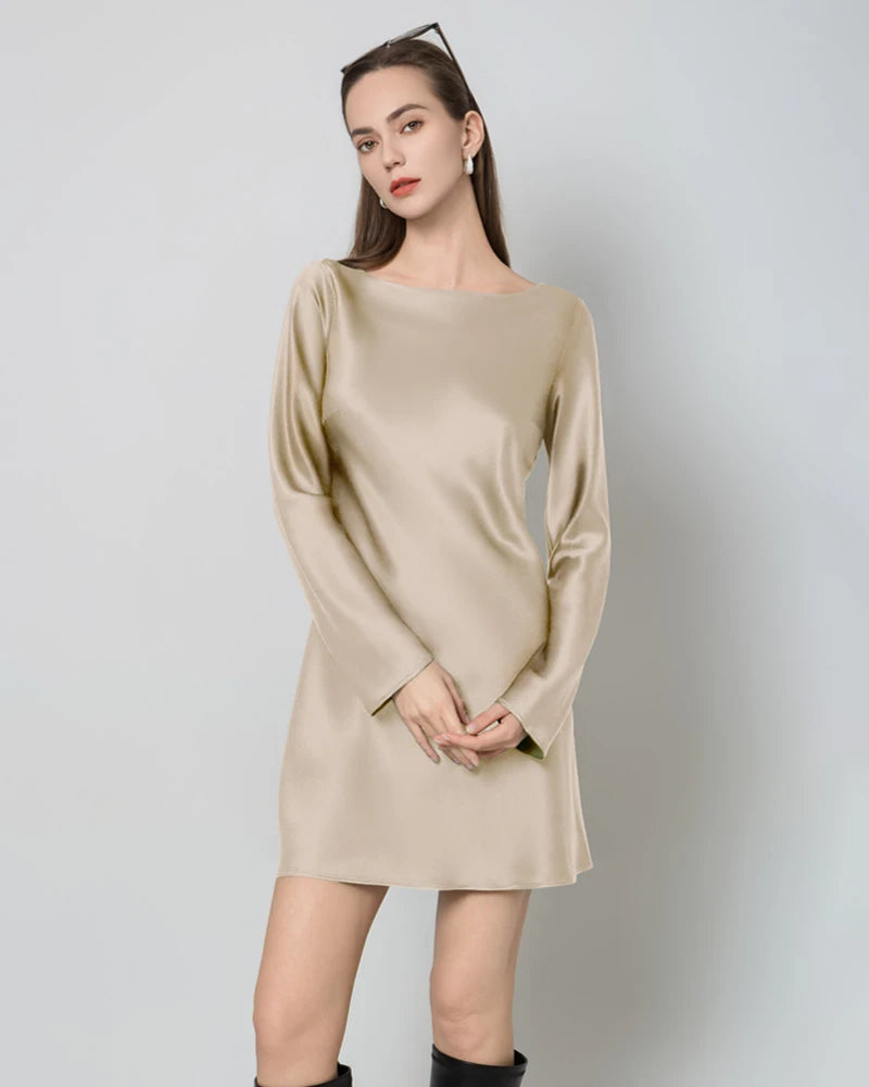 Elegant Silk Open Back Long Sleeve Mini Dress for Women - Sexy Party & Evening Cocktail Dress - Perfect for Date Night, Club Wear & Special Occasions