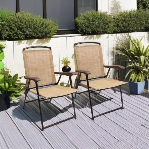 Devoko 2-Pack Folding Sling Chairs for Patio, Deck, Camping, Garden, Pool & Beach - Space Saving Outdoor Lounge Chairs (Beige) | Perfect for Backyard Relaxation, Picnics & Summer Gatherings