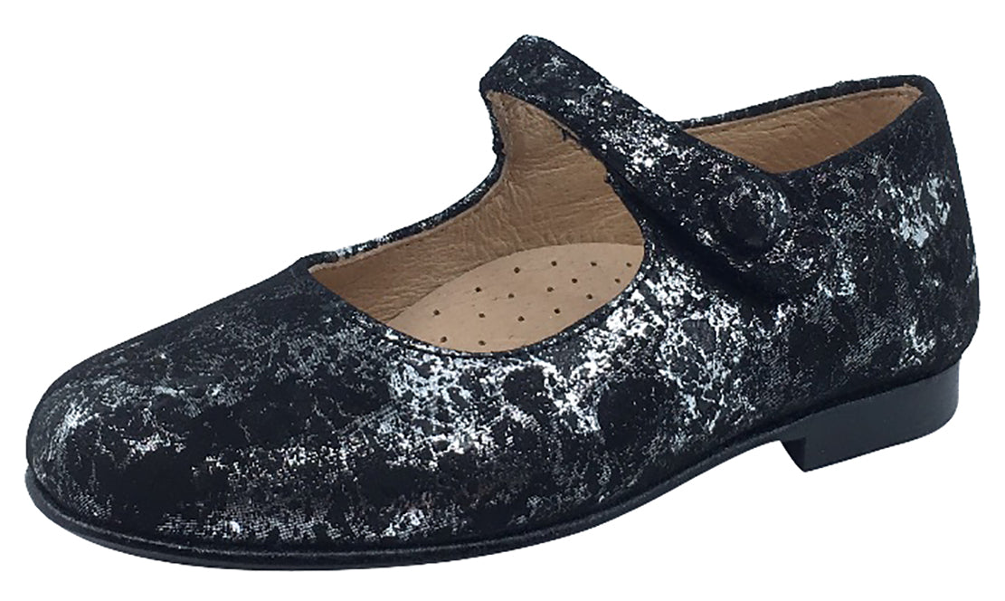 Hoo Shoes Hoova Girls Mary Jane Shoes - Black & Silver Metallic Marble Design | Comfortable School Shoes for Girls, Perfect for Everyday Wear & Special Occasions