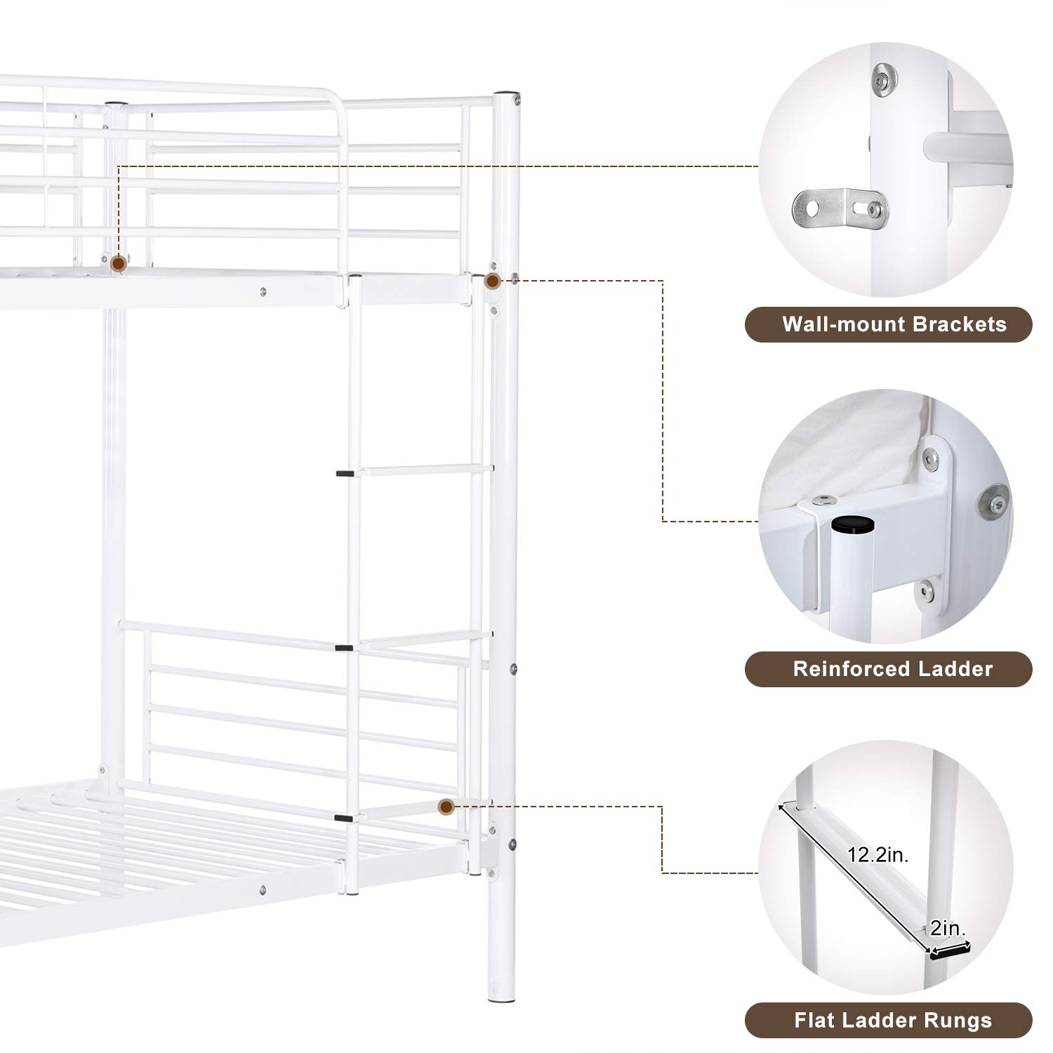 Bonnlo Twin Over Twin Metal Bunk Bed - White Space-Saving Bunk Beds for Kids, Teens & Adults with Anti-Slip Steps, No Box Spring Required | Perfect for Dorms, Small Bedrooms & Guest Rooms