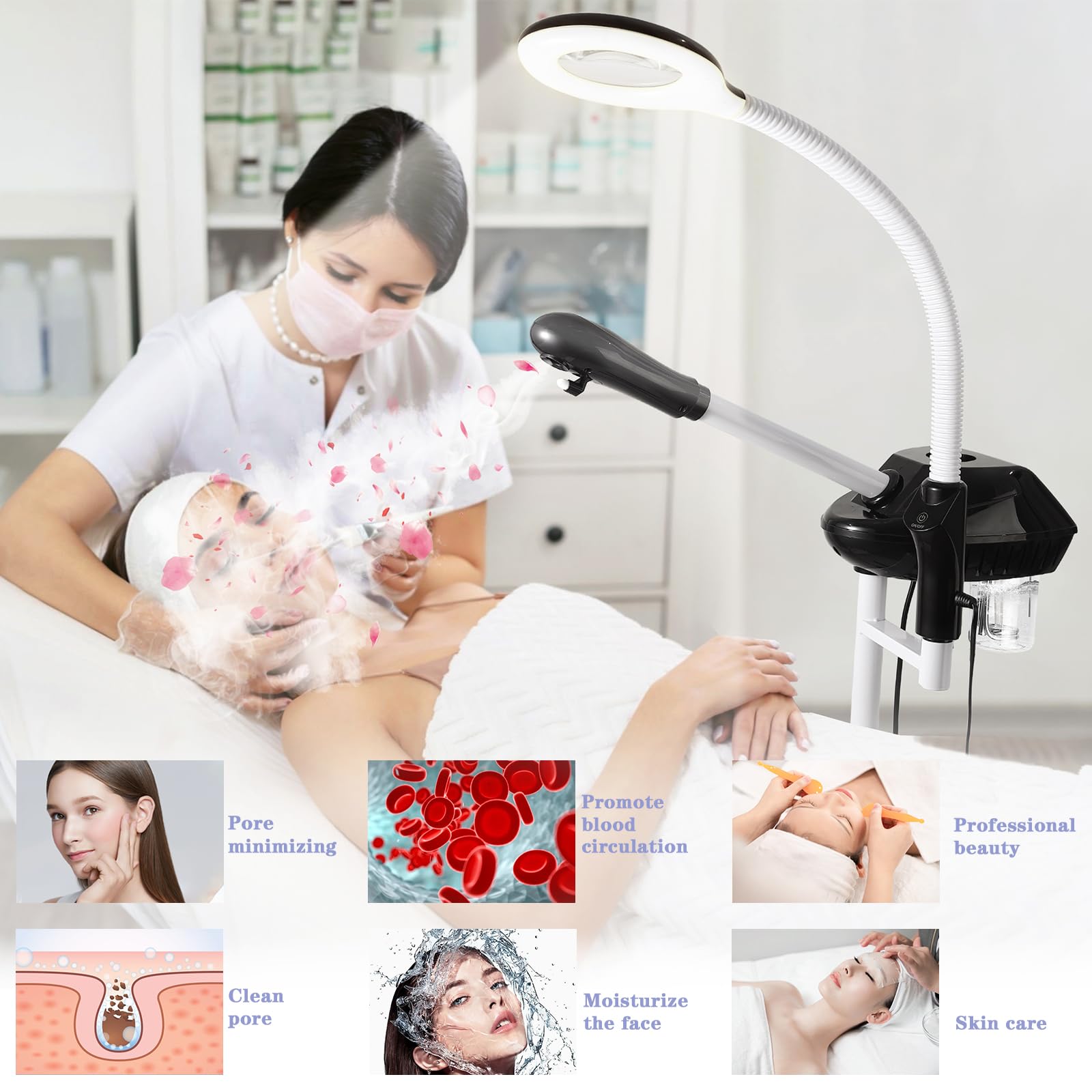 Professional 2-in-1 Ozone Facial Steamer with 5X Magnifying Lamp & Adjustable Height Stand - Timer Function for Spa, Salon & Home Use | Perfect for Deep Cleansing, Blackhead Removal & Relaxing Facial Treatments