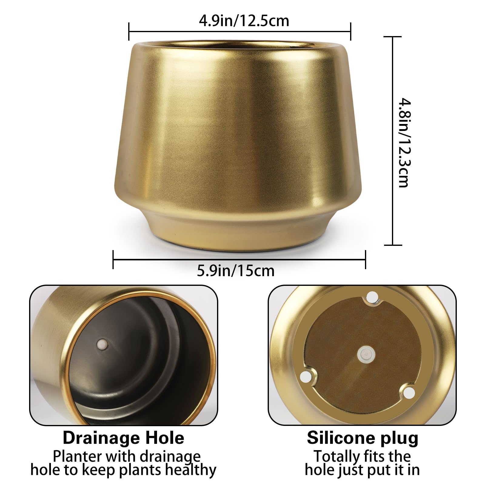 6 Inch Gold Planter Flower Pots - Decorative Indoor Succulent Plant Containers in Brass Finish (5.9