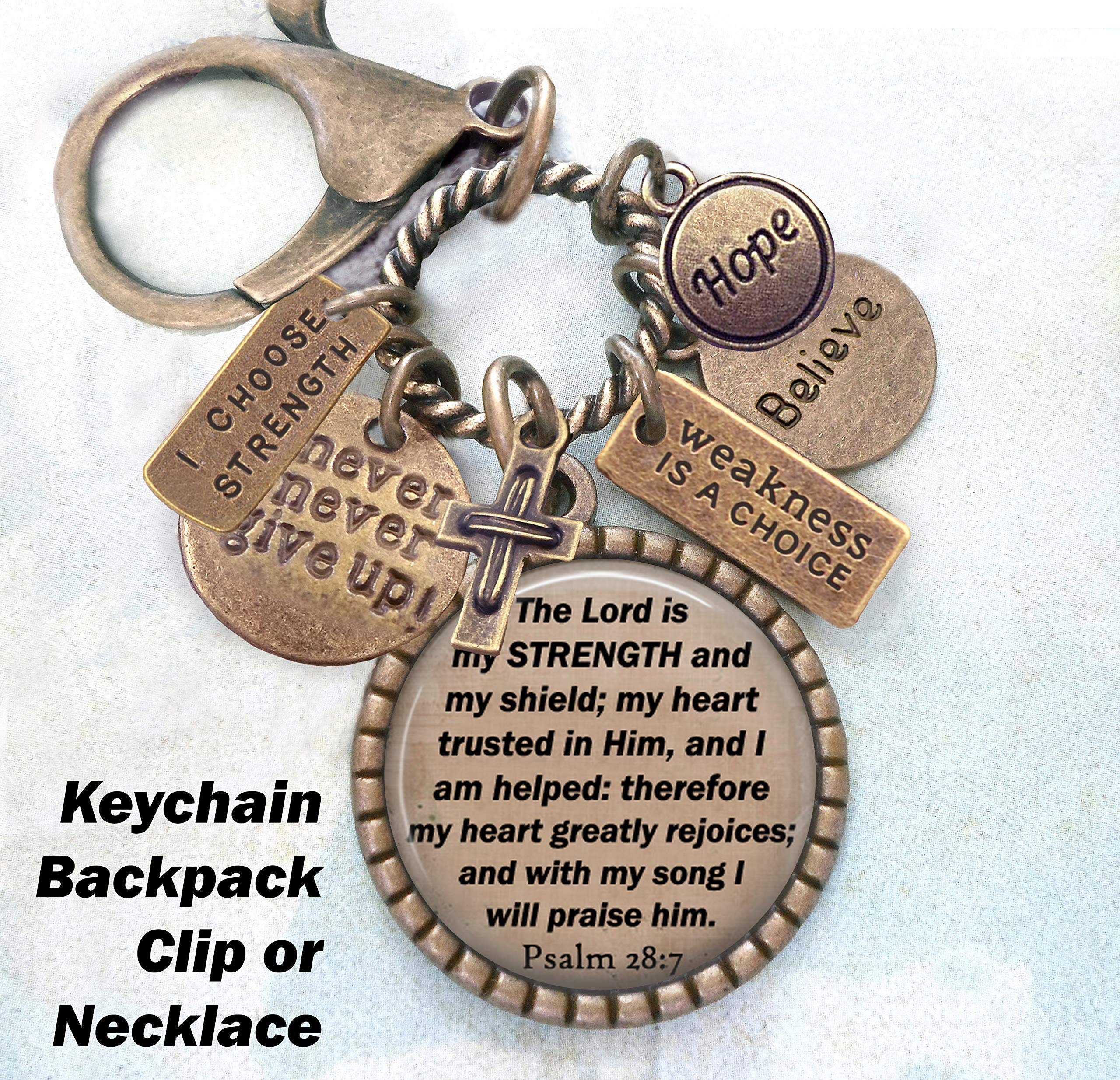 Christian Inspirational Keychain Necklace or Backpack Clip - Psalm 28:7 'The Lord Is My Strength' Bible Verse Gift for Men & Teens - Faith-Based Jewelry for Daily Encouragement & Spiritual Strength