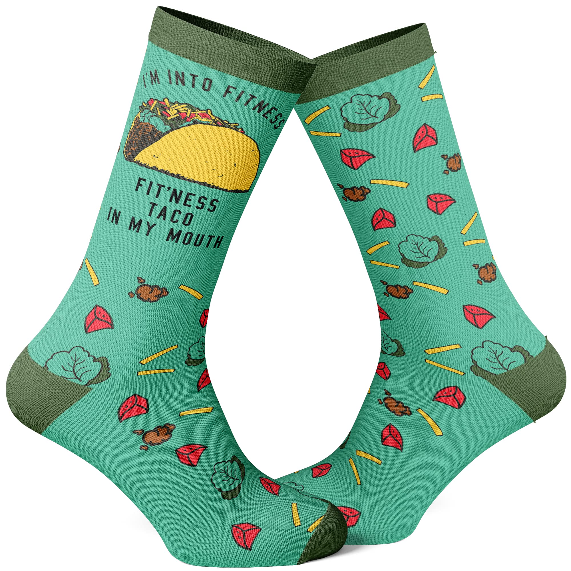 Funny Taco Socks - Cute Humorous Graphic Novelty Fitness Socks for Women & Men - Crazy Cool Sarcastic Footwear Gift (Green) - Perfect for Gym, Workout, Cosplay & Taco Lovers