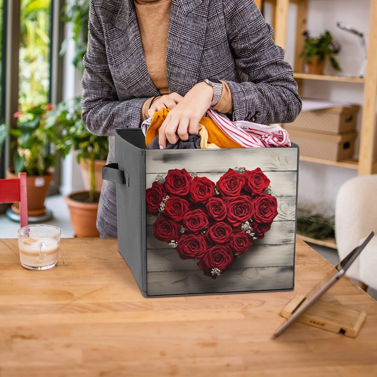 Red Heart-Shaped Roses Canvas Foldable Storage Box - Home & Clothing Organizer for Bedroom, Closet, Nursery, and Office Organization