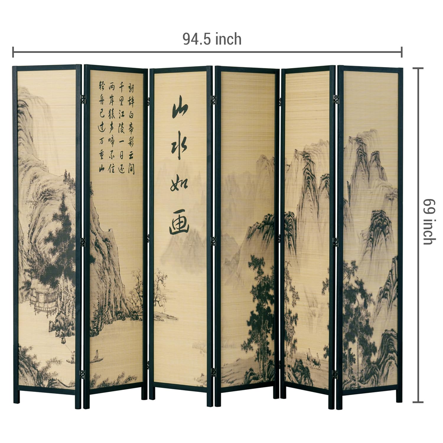MyGift 6-Panel Bamboo Room Divider with Chinese Calligraphy & Floral Design - Freestanding Folding Screen for Home Office, Bedroom Partition & Asian Decor - Black Wood Frame