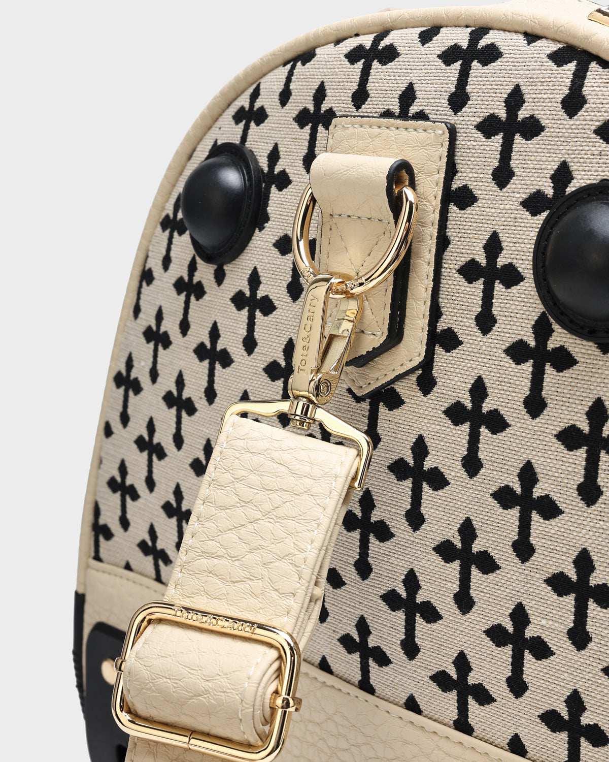 **Cream White Cross Spiked Rolling Duffle Bag - Stylish Travel Luggage for Gym, Weekend Trips & Airplane Carry-On**