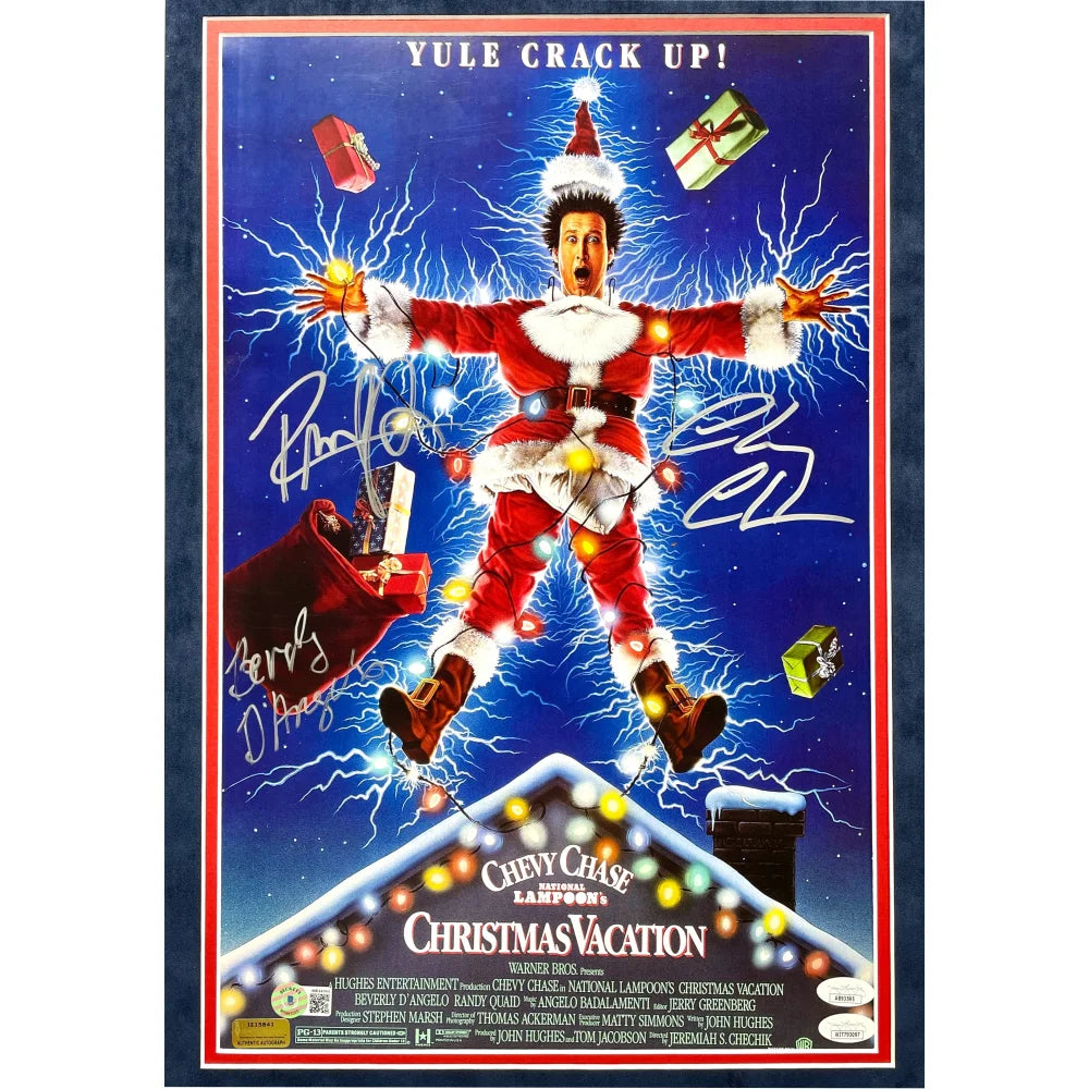 Authentic Chevy Chase, Beverly D'Angelo & Randy Quaid Signed National Lampoon's Christmas Vacation Movie Poster (12x18 Inches) - Framed Collectible with JSA COA - Perfect for Holiday Decor, Movie Memorabilia Displays & Christmas Gift for Film Fans
