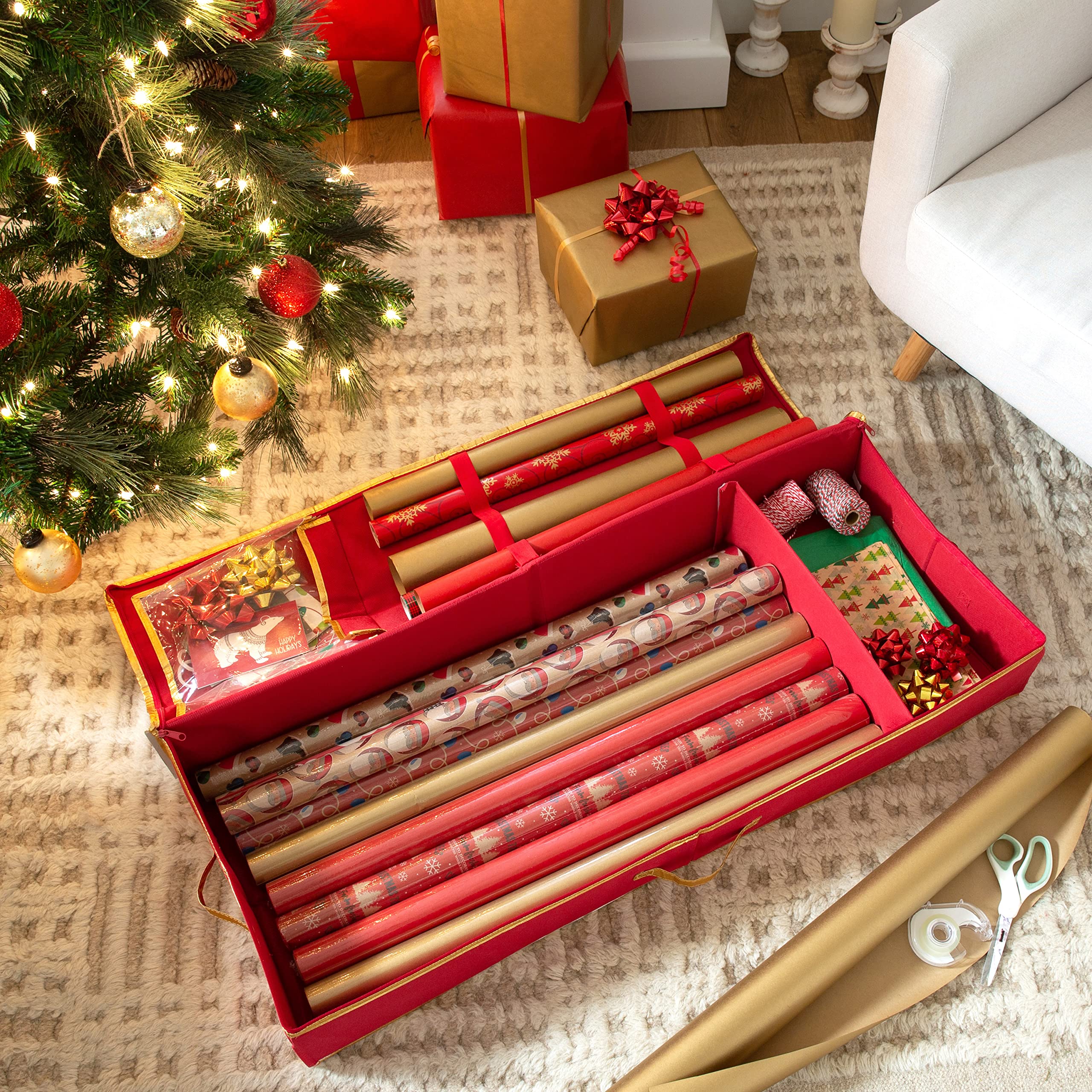 Simplify Holiday Gift Wrap Storage Tote with Compartments for Ribbons & Bows | Zipper Closure & Carry Handle | Christmas Organization Solution | Perfect for Wrapping Paper Storage, Holiday Decor Organization & Gift Wrapping Station (Red)