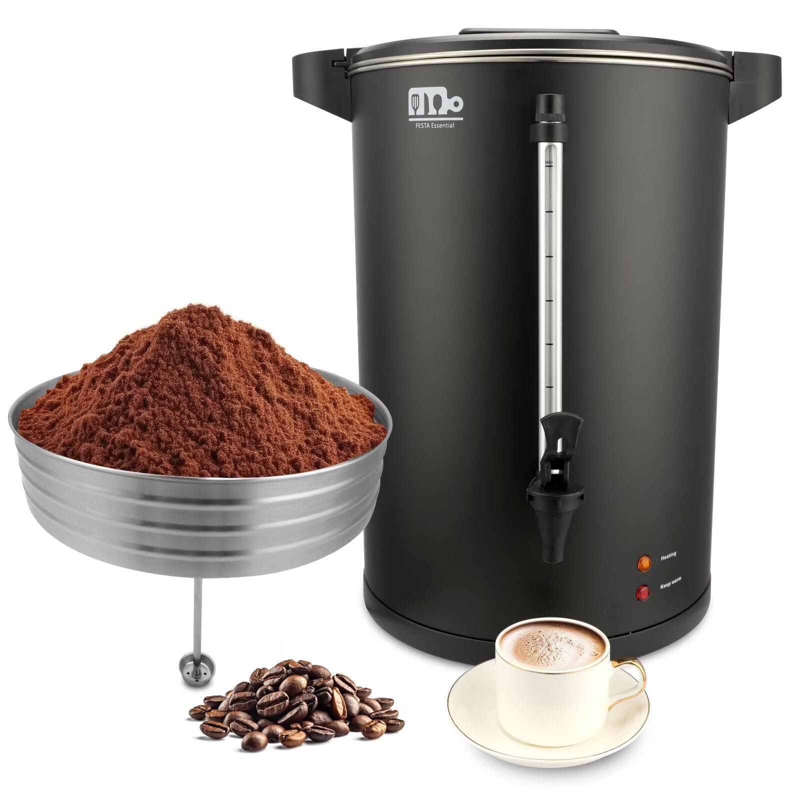 110-Cup 20L Commercial Coffee Urn - 1500W Stainless Steel Large Coffee Maker with Double Dripless Faucet, Fast Brewing for Catering, Events & Offices - Festa Essential Black Hot Water Dispenser
