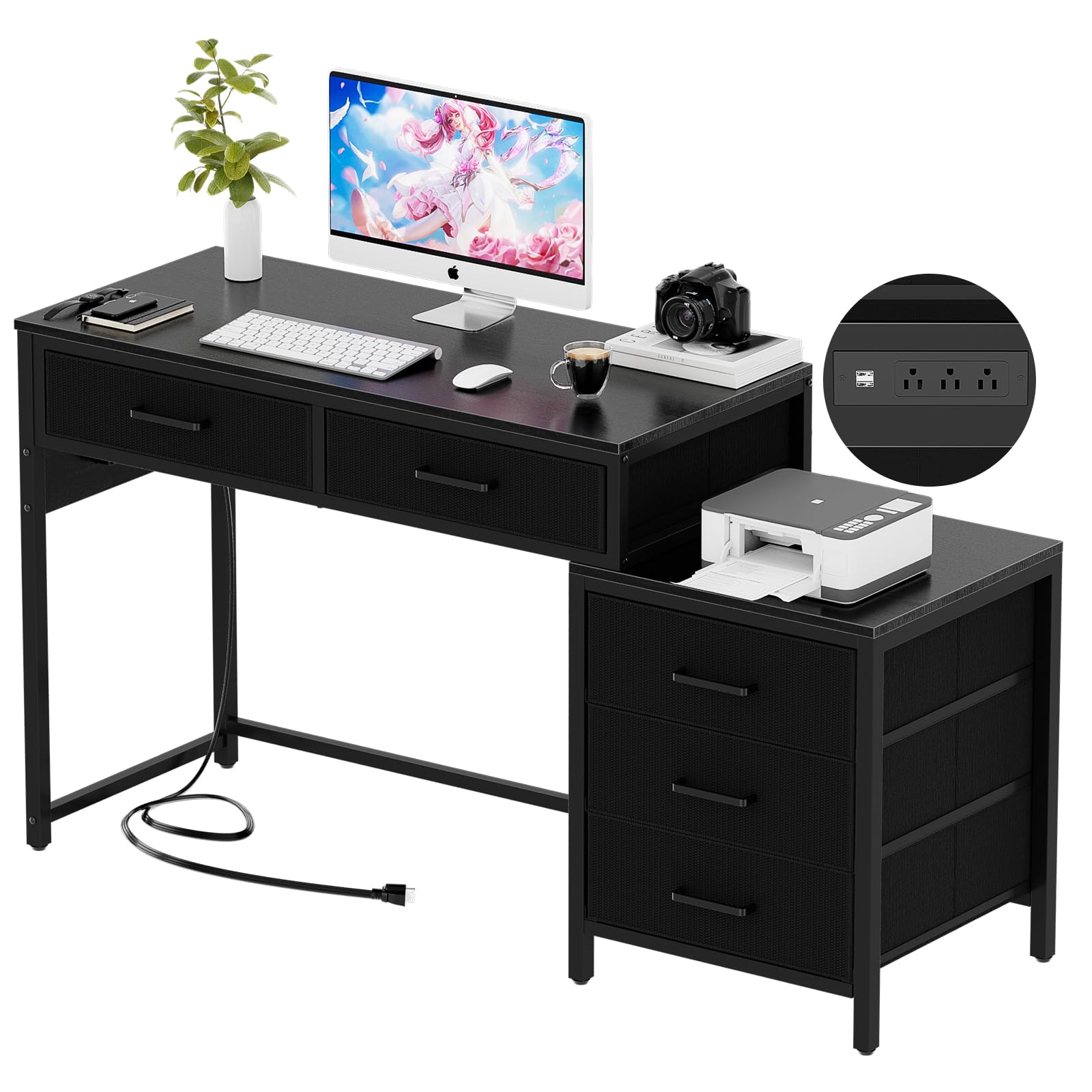 Reversible Computer Desk with 5 Drawers & Power Outlets - Sturdy Office Desk with USB Ports, File Cabinet & Printer Stand - Black Corner Writing Table for Home Office, Gaming Setup & Workstation Storage Solution